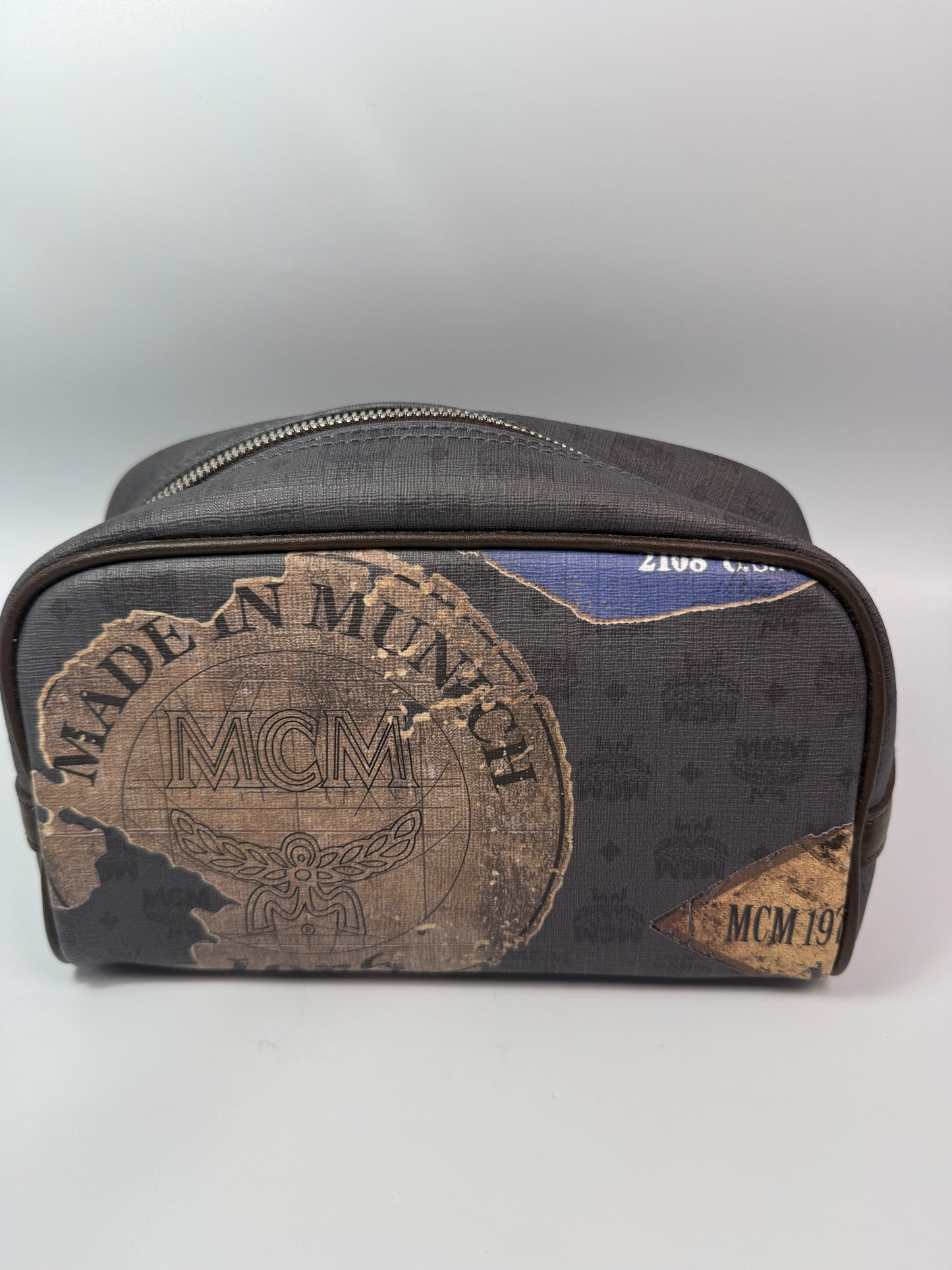 Rare MCM Grey Coated Canvas Zippered Cosmetic Pouch Toiletry