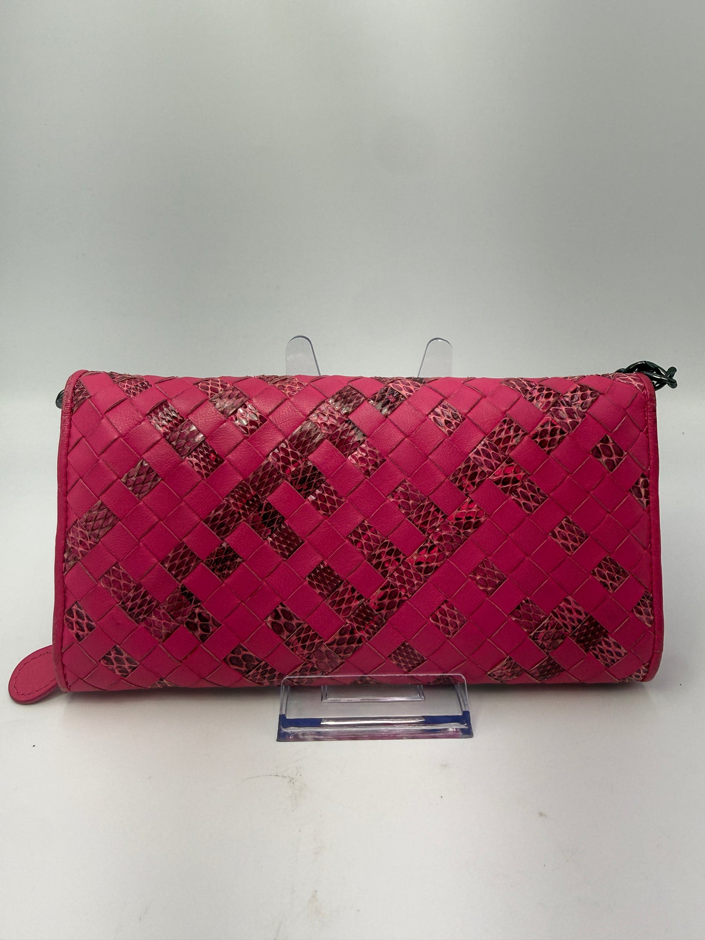 Bottega Veneta Pink Intrecciato Leather Continental Wallet Embossed Snake Skin