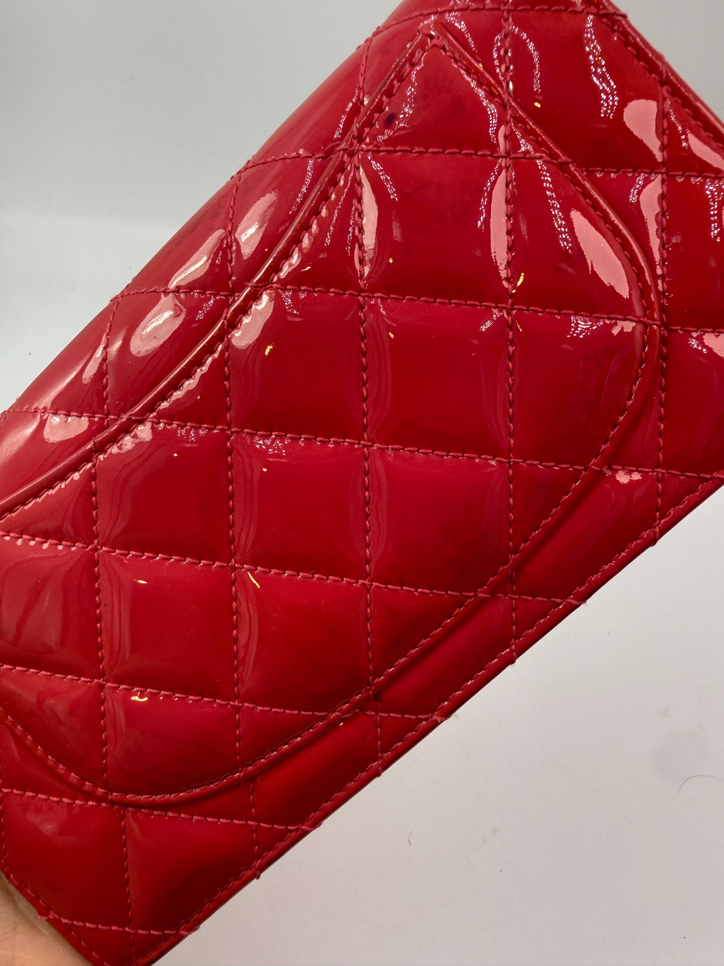 Chanel Fuschia Pink Quilted Patent Leather Long Bifold Wallet with Box