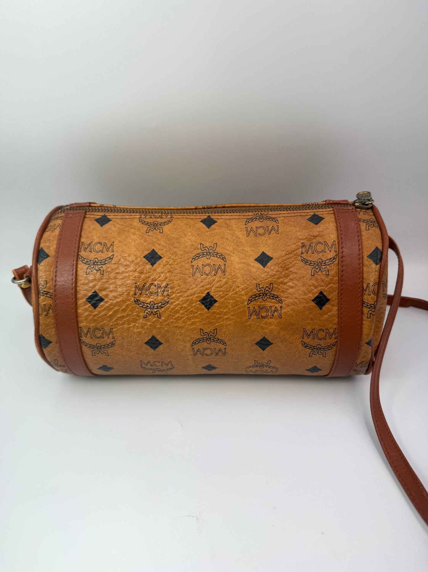 MCM Cognac Visetos Coated Canvas Barrel Crossbody