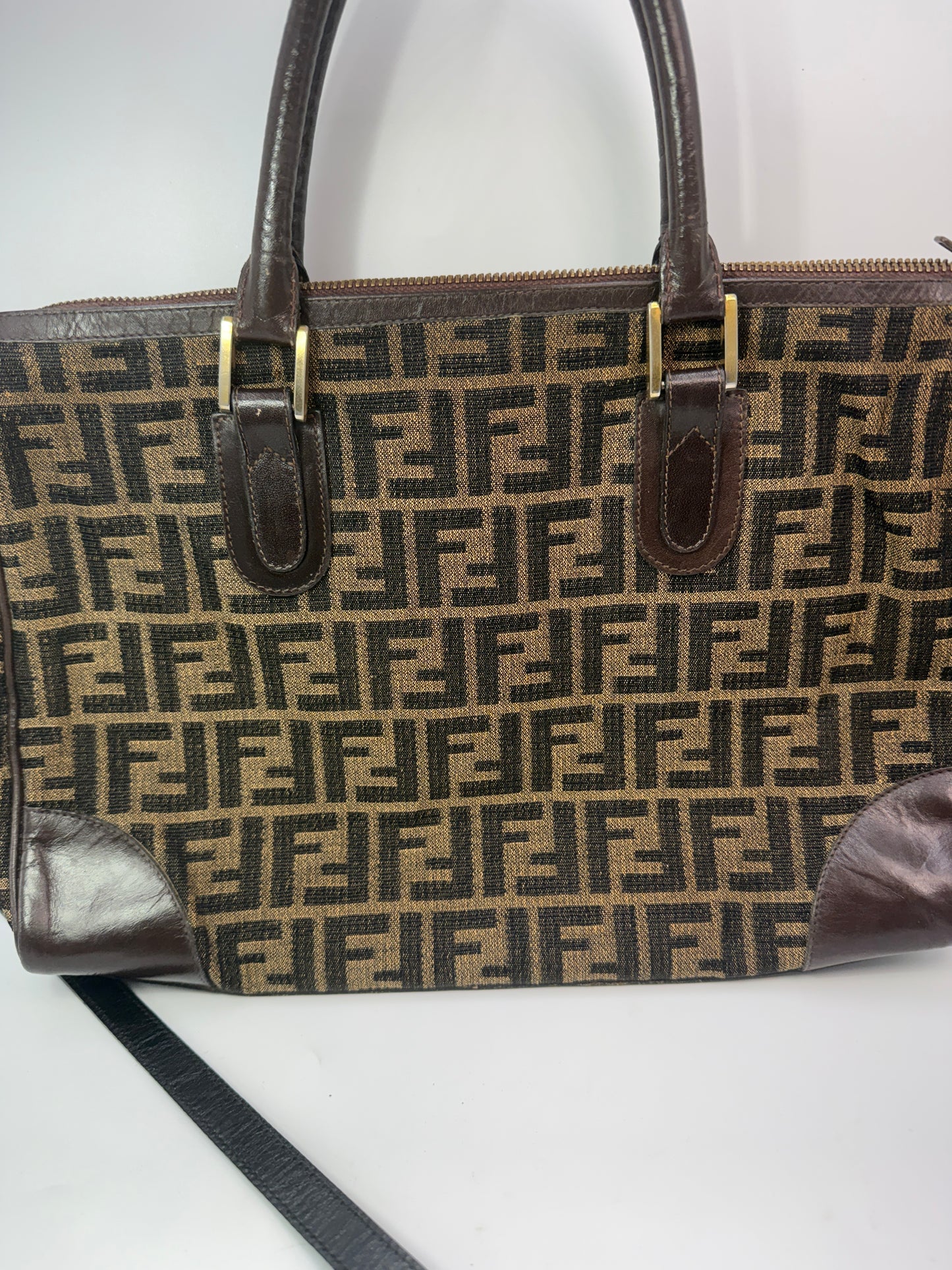 Fendi Zucca Canvas Satchel Shoulder Bag with Black Strap
