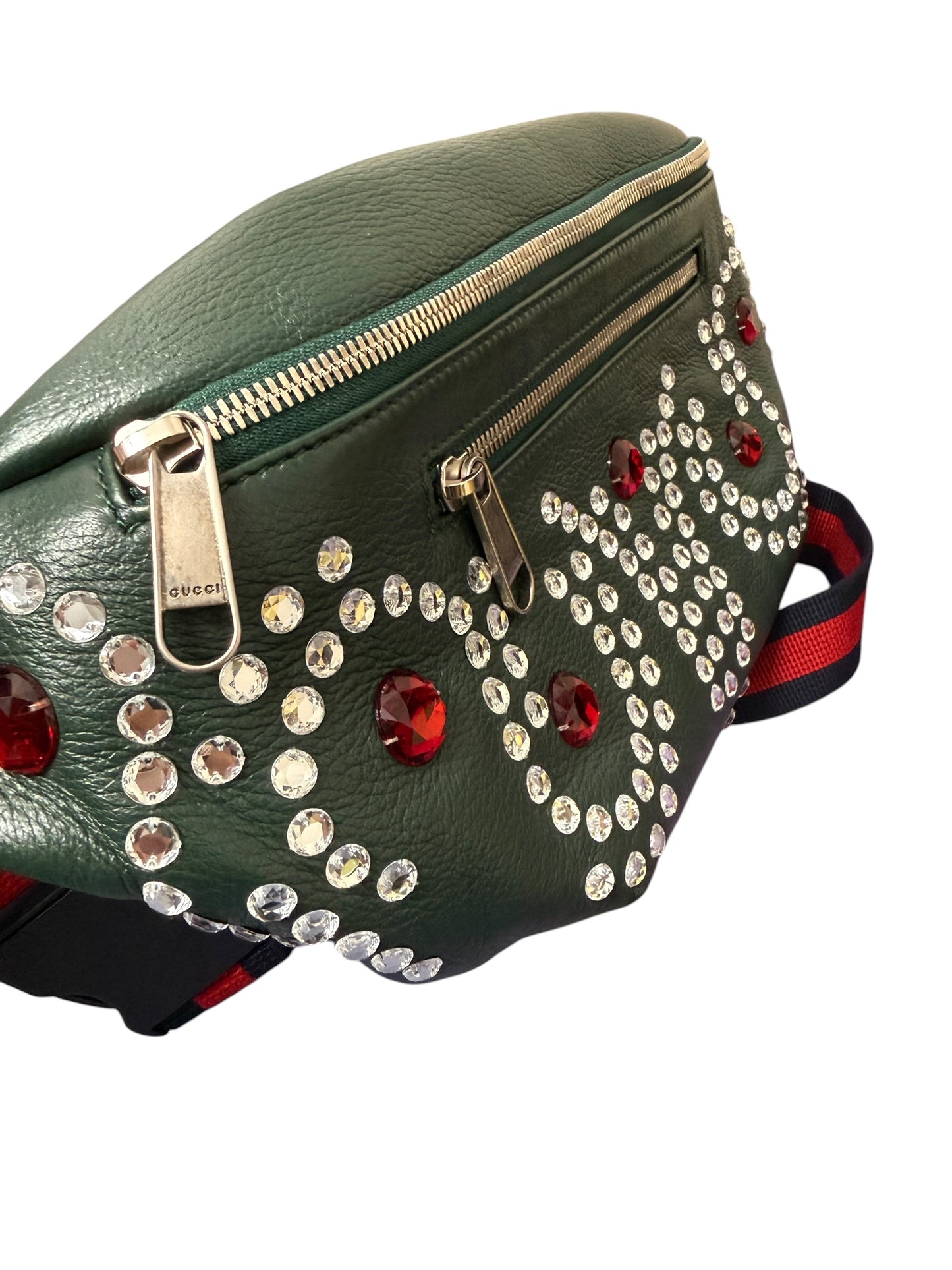Gucci Green Leather Crystal Logo Belt Waist Bumbag with Dustabag