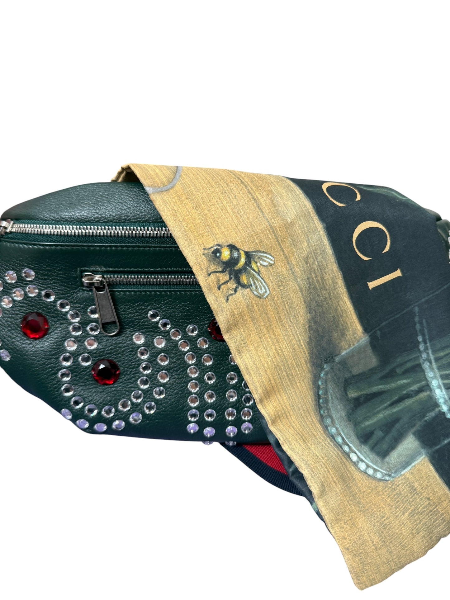Gucci Green Leather Crystal Logo Belt Waist Bumbag with Dustabag