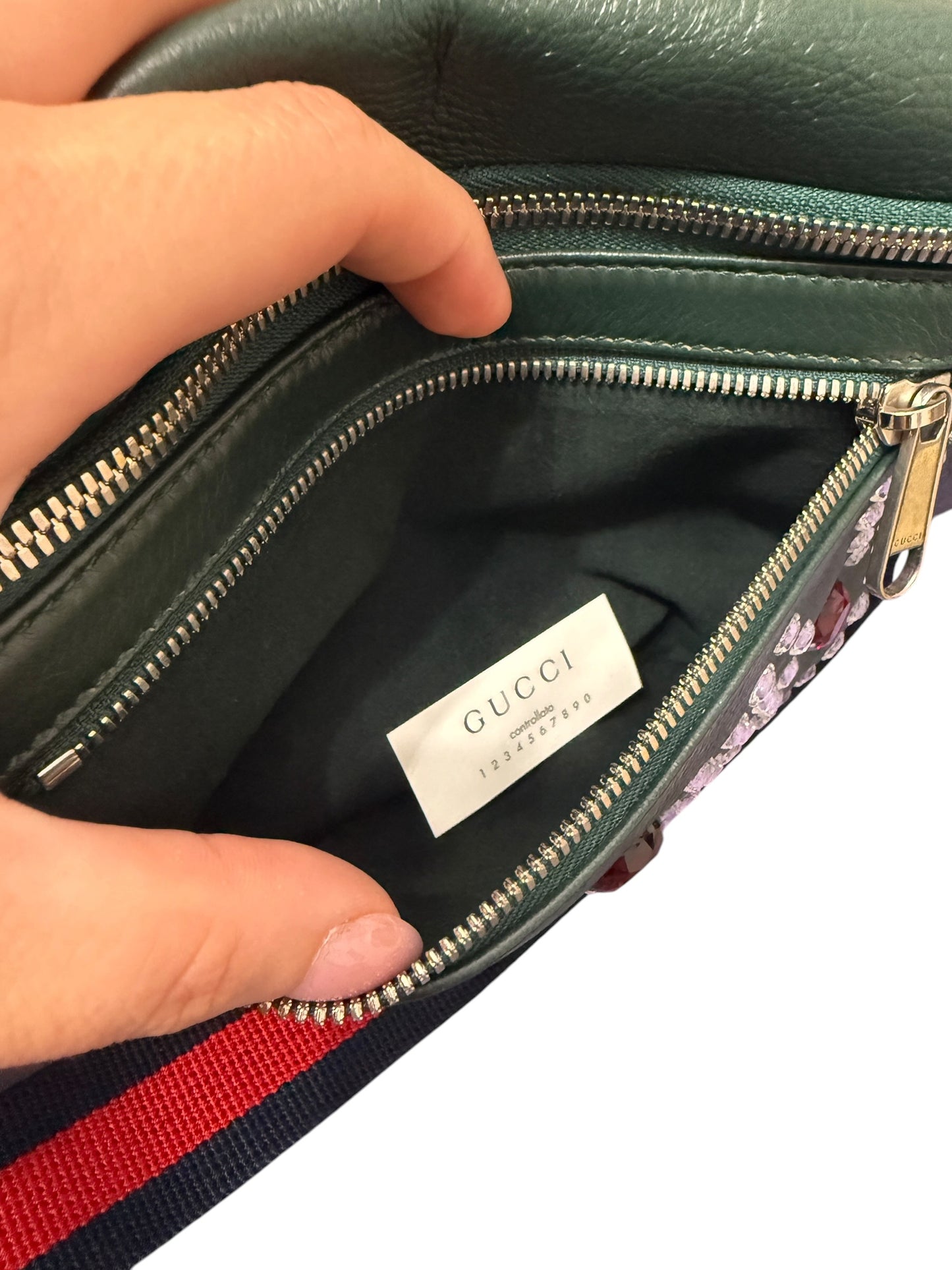Gucci Green Leather Crystal Logo Belt Waist Bumbag with Dustabag
