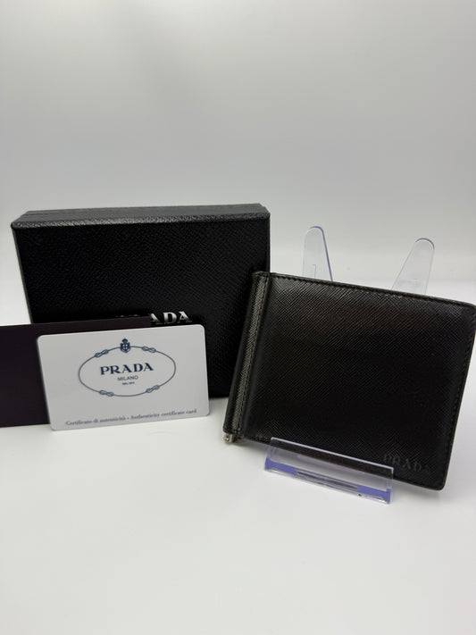 Prada Dark Slate Metallic Saffiano Leather Bifold Wallet with Box