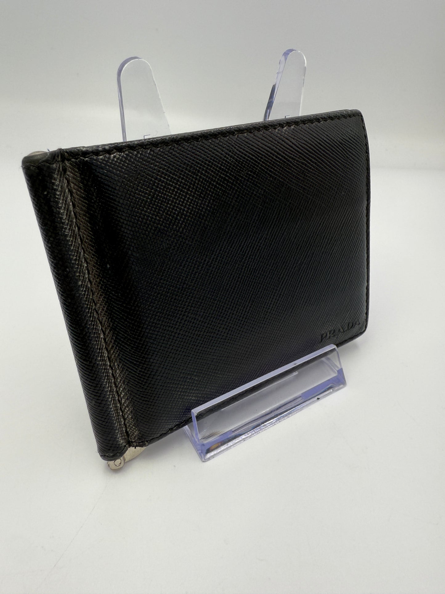 Prada Dark Slate Metallic Saffiano Leather Bifold Wallet with Box