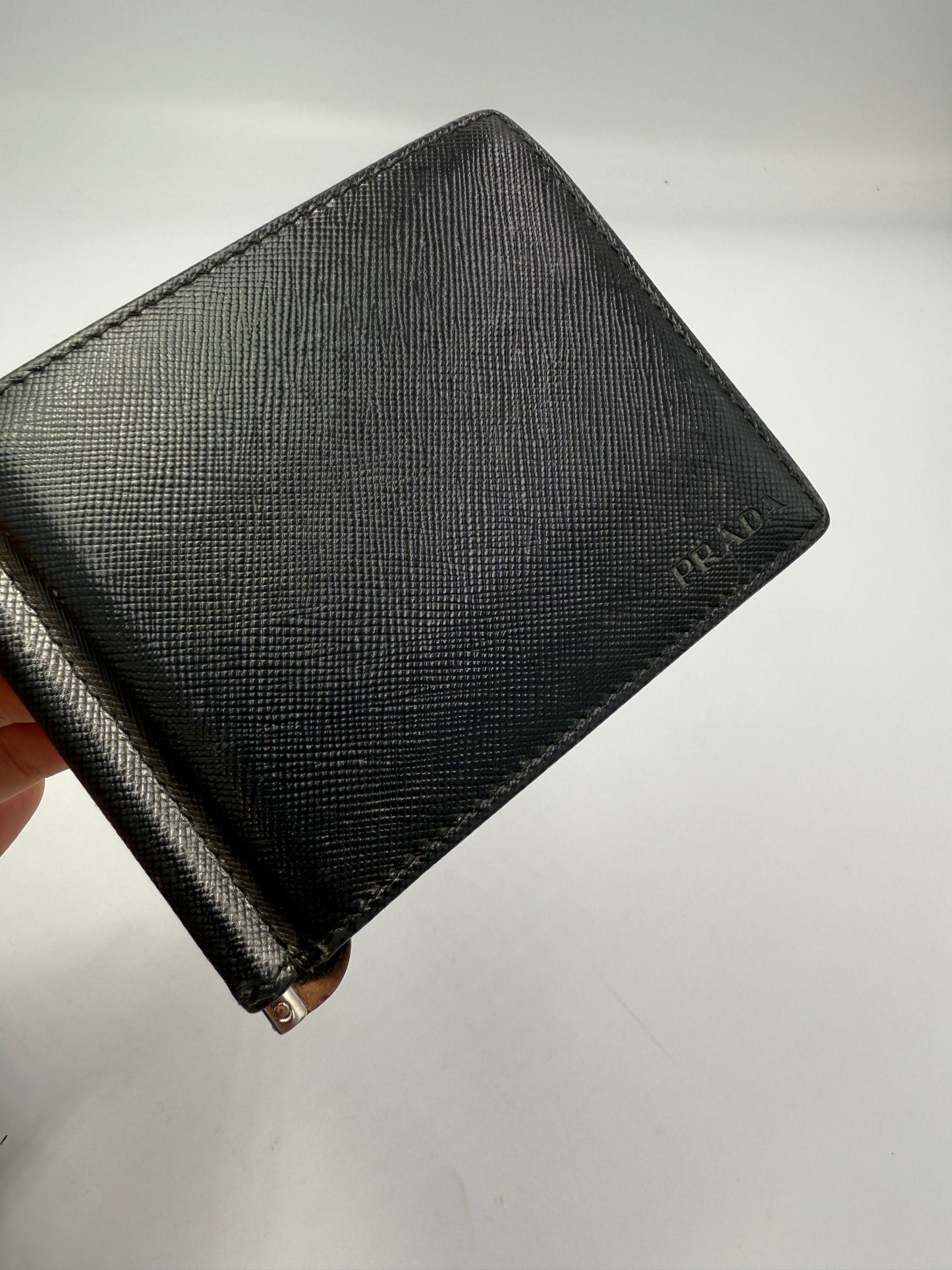 Prada Dark Slate Metallic Saffiano Leather Bifold Wallet with Box