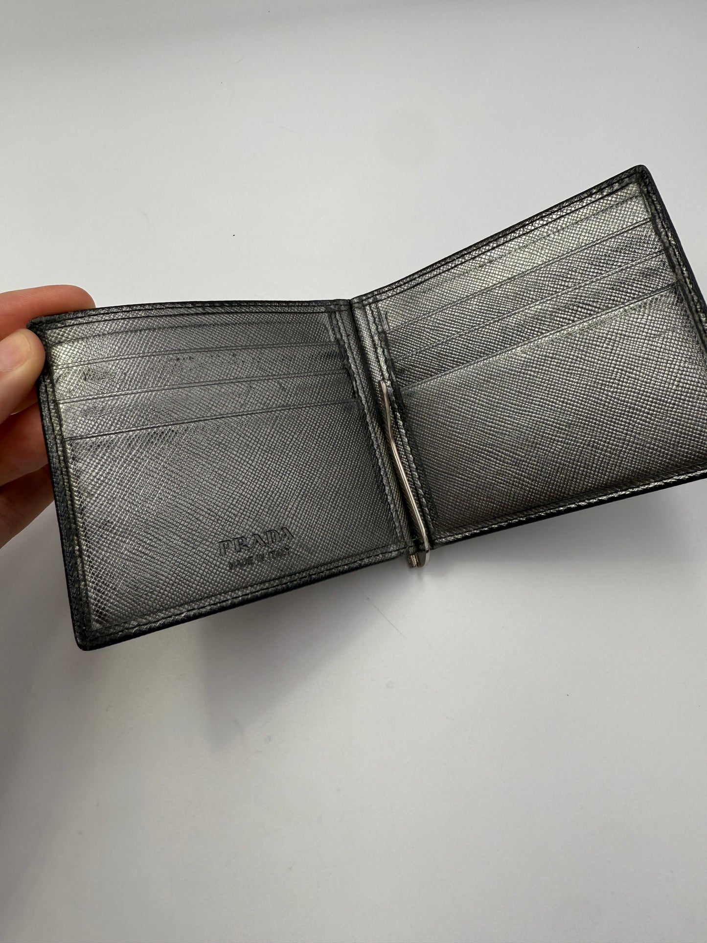 Prada Dark Slate Metallic Saffiano Leather Bifold Wallet with Box