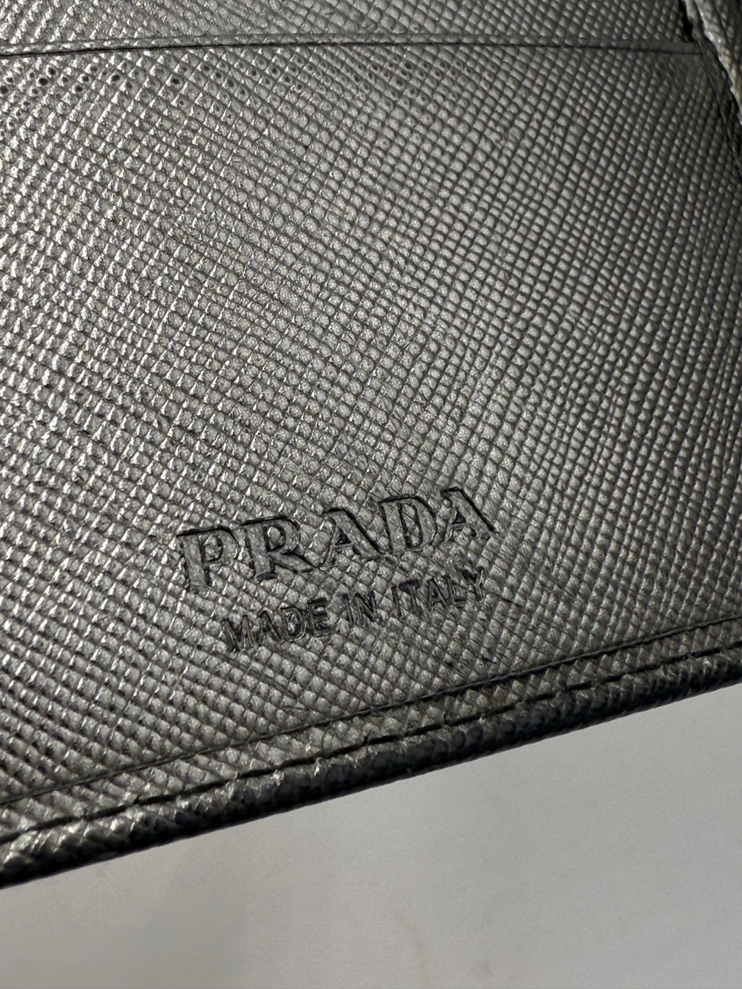 Prada Dark Slate Metallic Saffiano Leather Bifold Wallet with Box