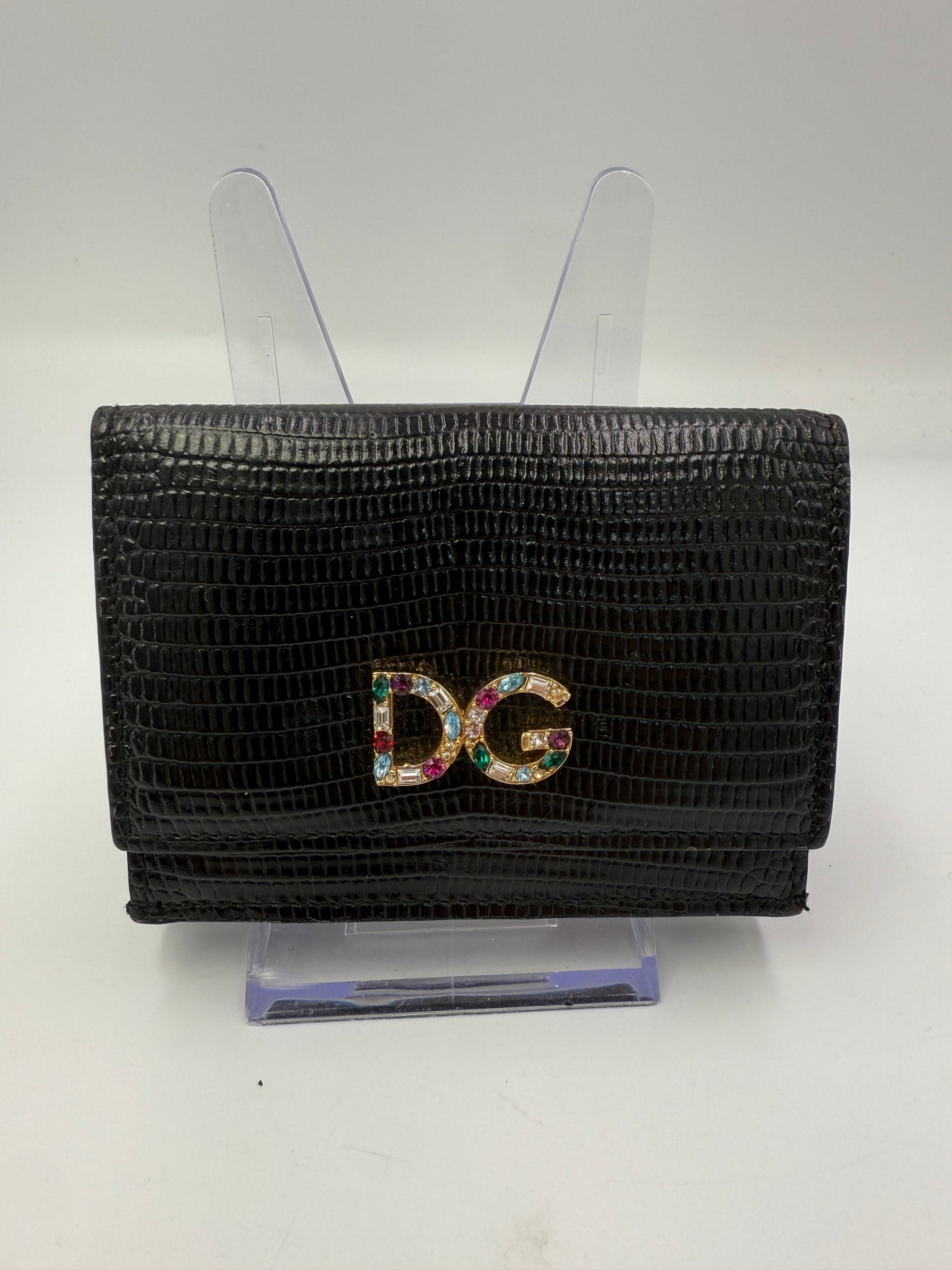 Dolce & Gabbana Black Leather Multicolored Rhinestone Compact Wallet