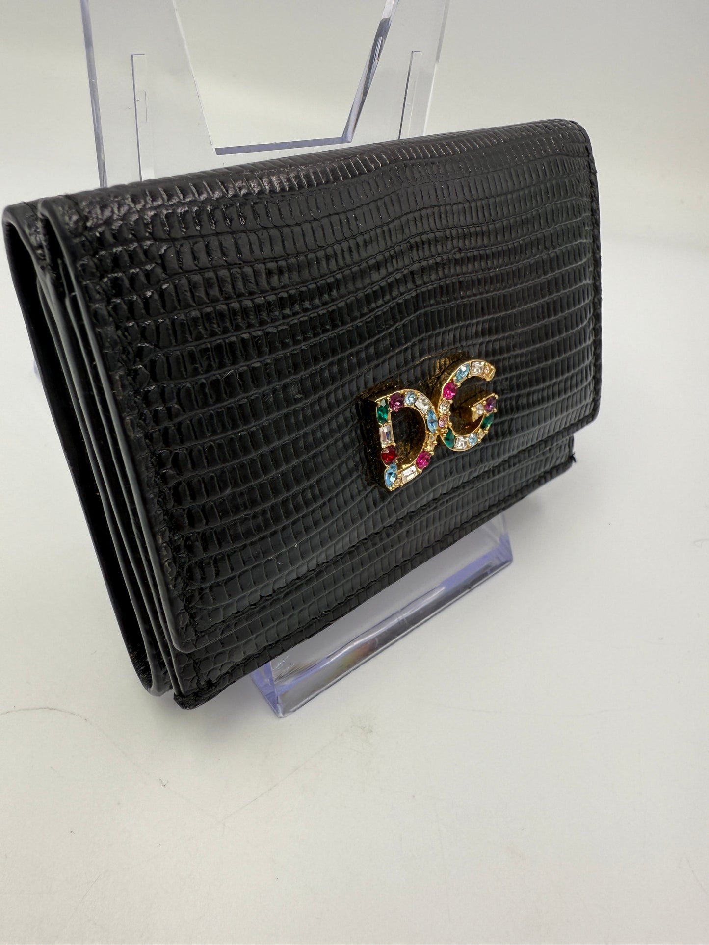 Dolce & Gabbana Black Leather Multicolored Rhinestone Compact Wallet