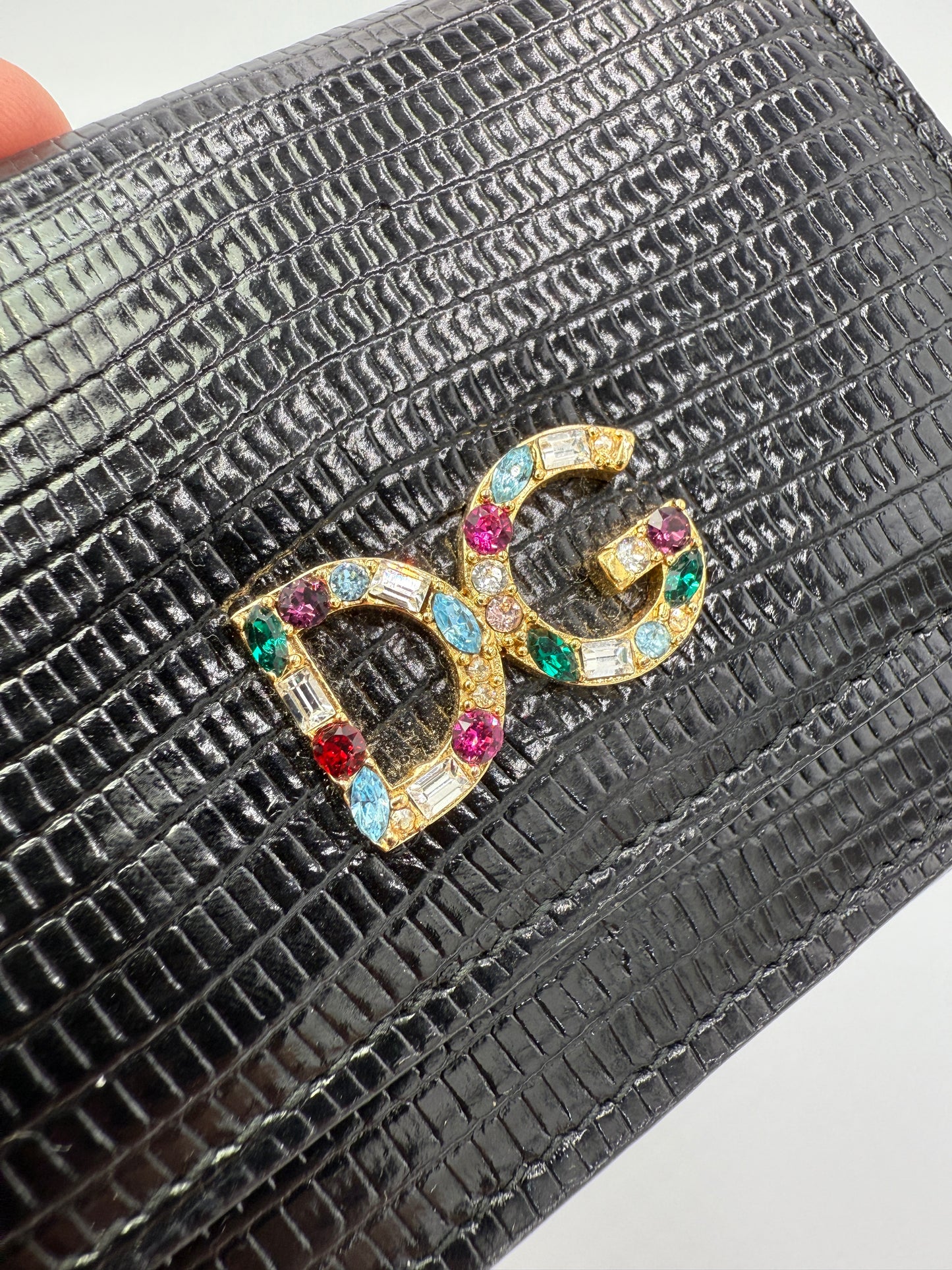 Dolce & Gabbana Black Leather Multicolored Rhinestone Compact Wallet