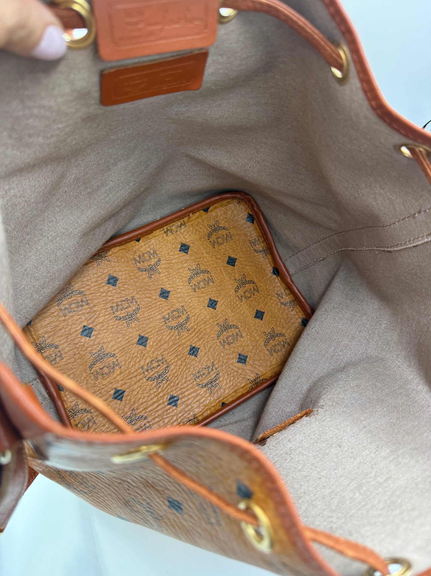 MCM Cognac Visetos Bucket Bag