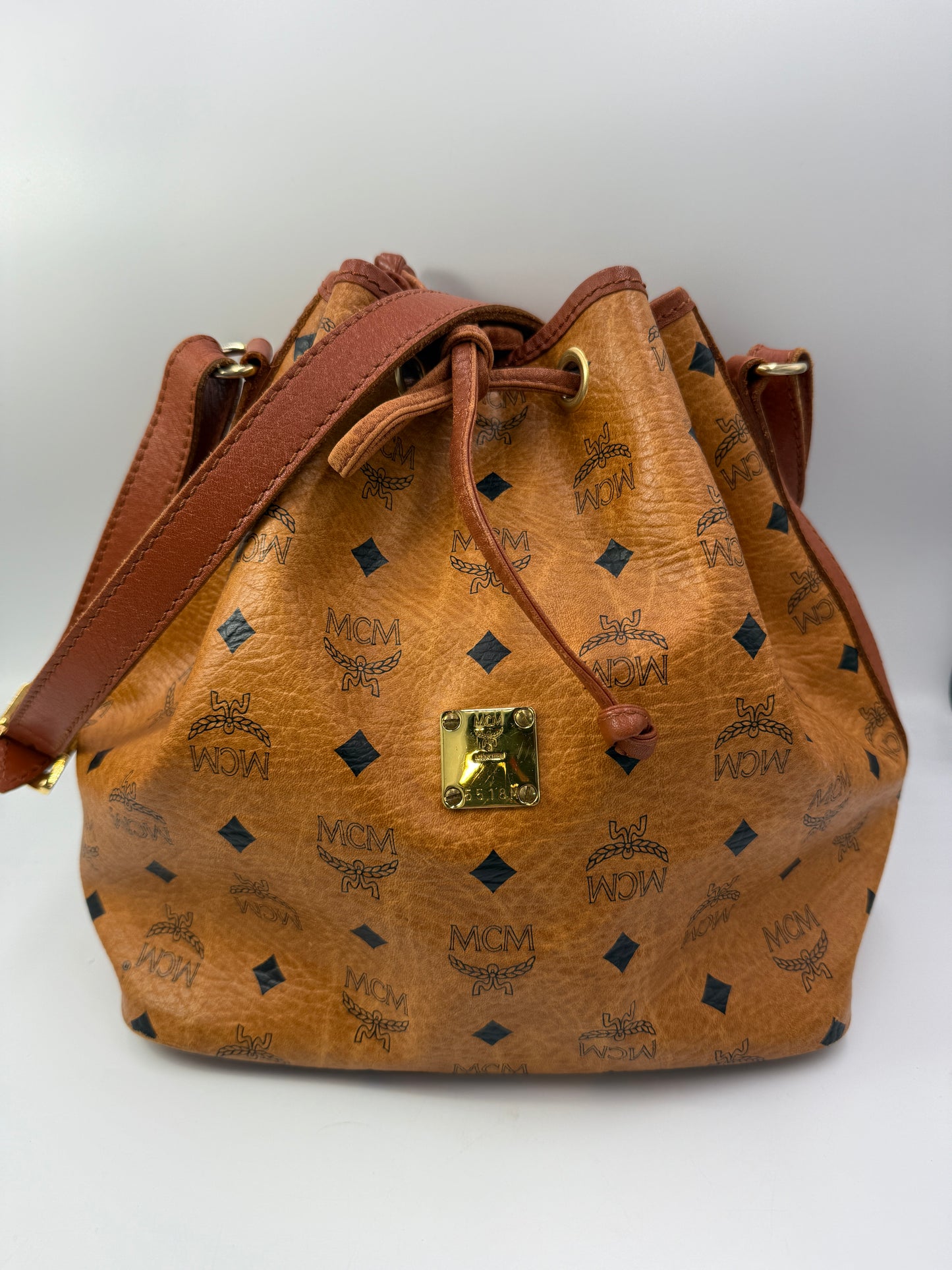 MCM Cognac Visetos Bucket Bag