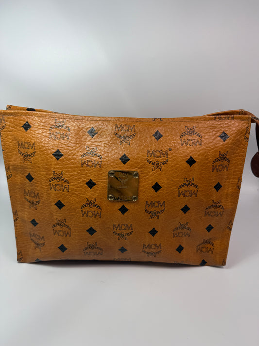 MCM Cognac Visetos Toiletry Cosmetic Zippered Pouch Clutch