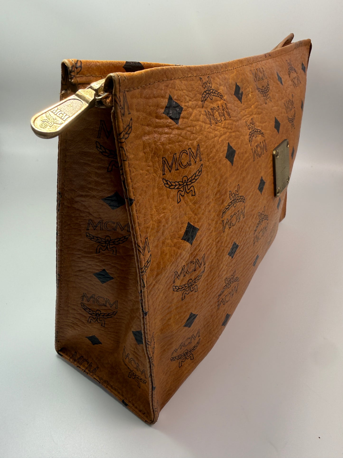 MCM Cognac Visetos Toiletry Cosmetic Zippered Pouch Clutch
