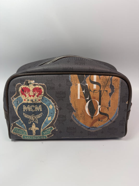 Rare MCM Grey Coated Canvas Zippered Cosmetic Pouch Toiletry