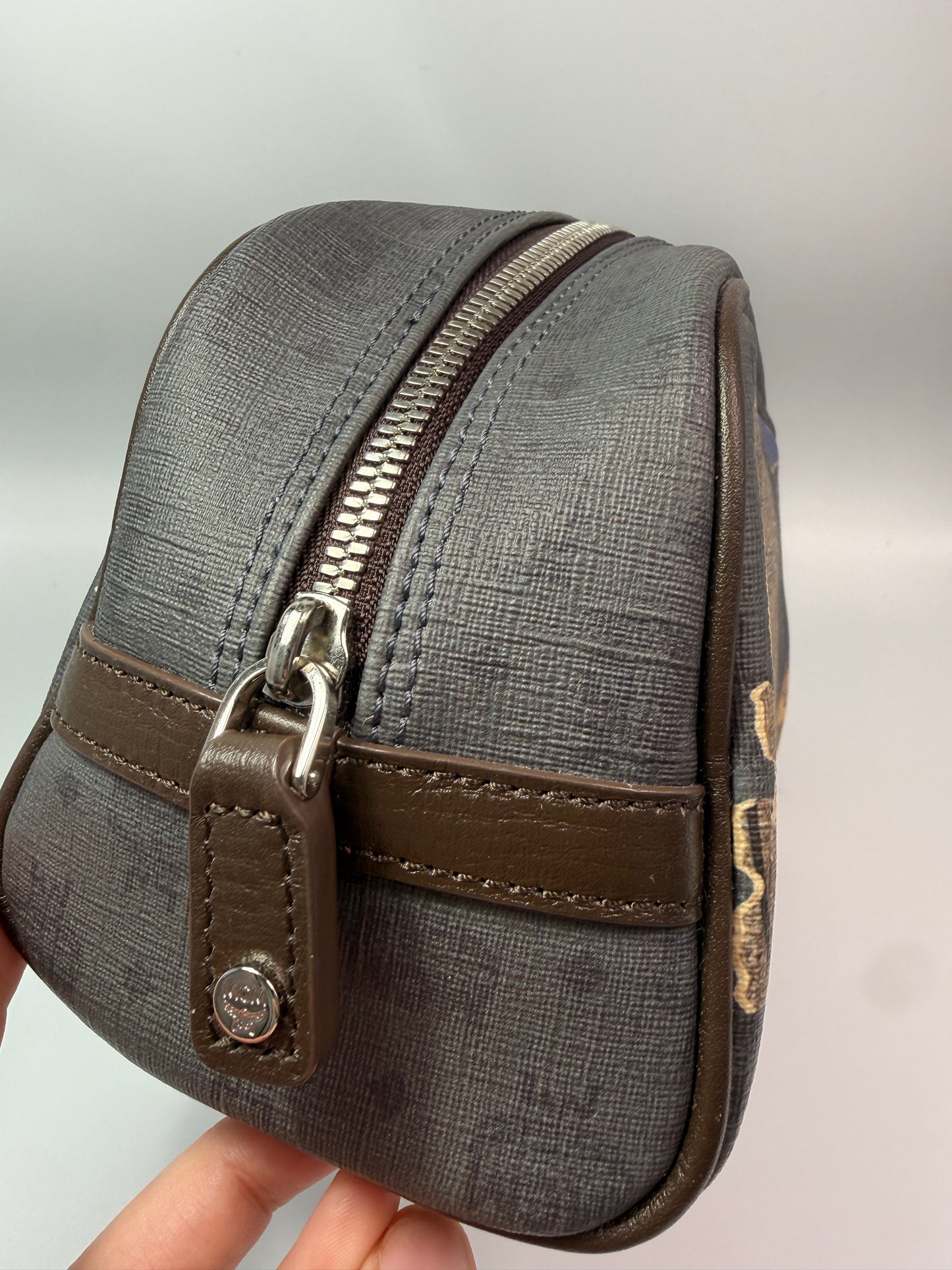 Rare MCM Grey Coated Canvas Zippered Cosmetic Pouch Toiletry
