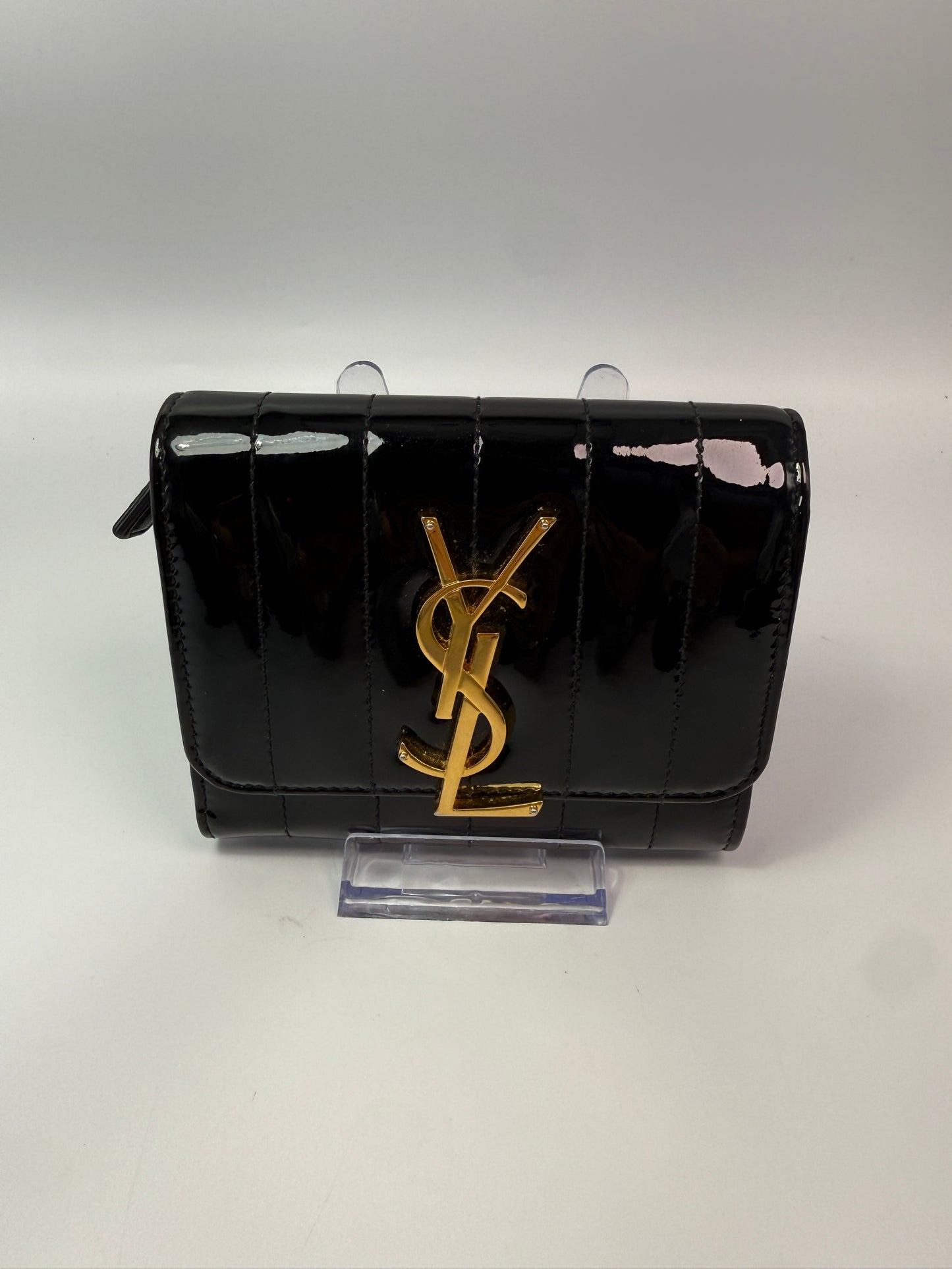 Yves Saint Laurent Black Patent Leather Trifold Wallet