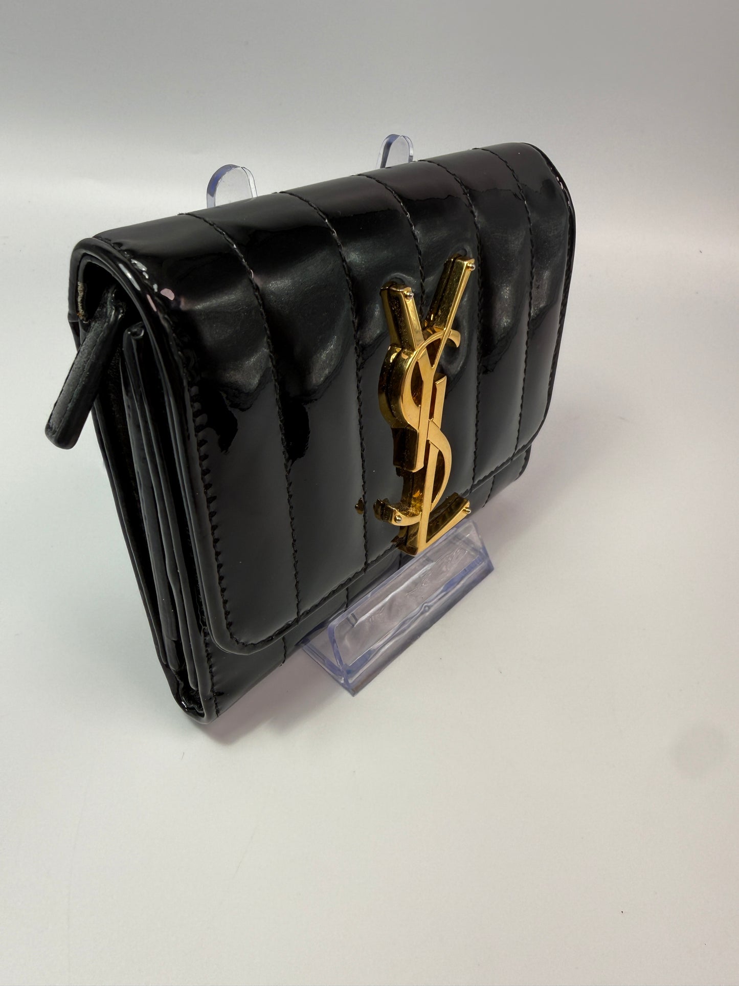 Yves Saint Laurent Black Patent Leather Trifold Wallet