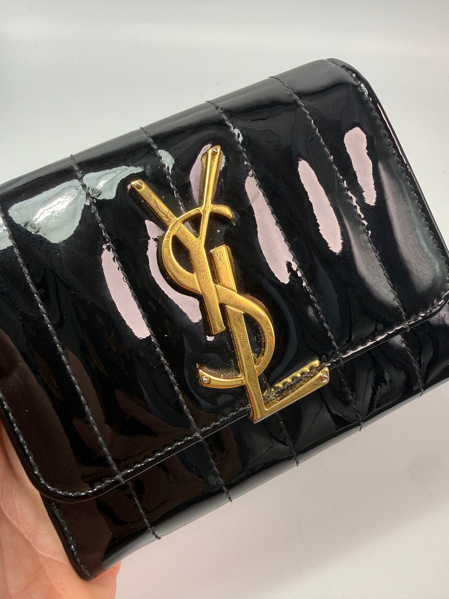 Yves Saint Laurent Black Patent Leather Trifold Wallet