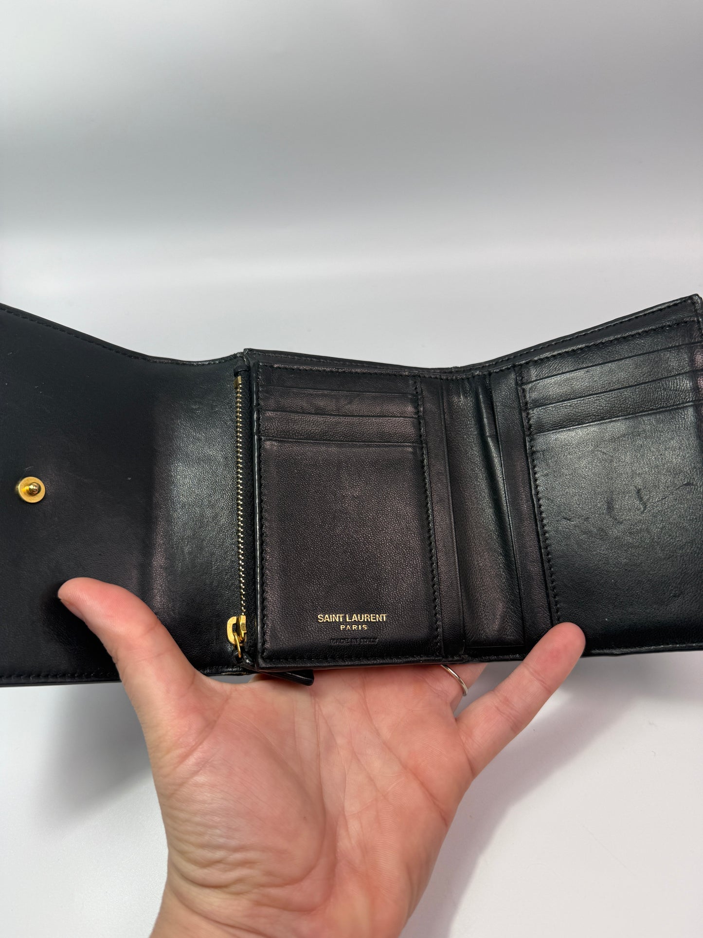 Yves Saint Laurent Black Patent Leather Trifold Wallet