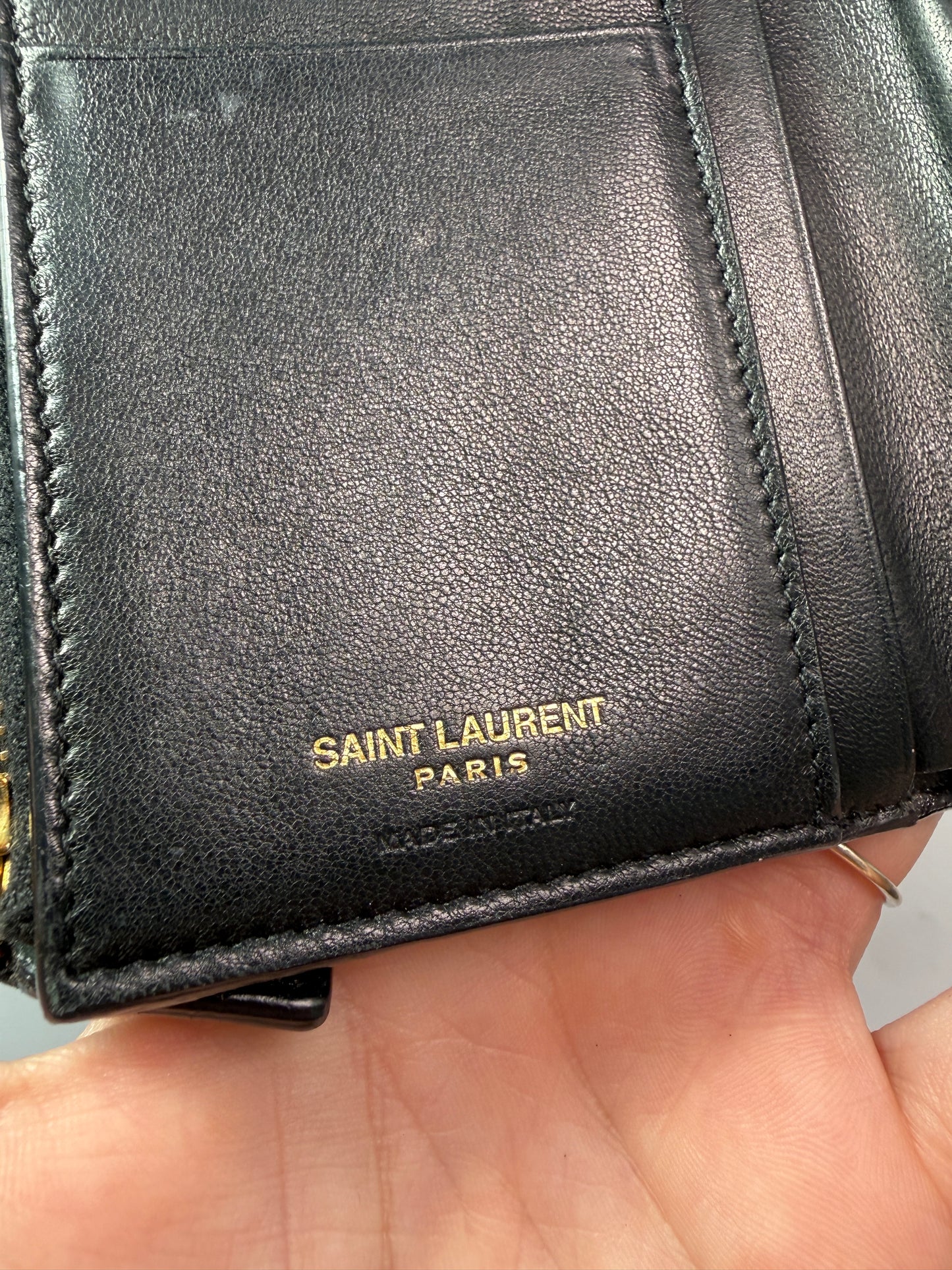 Yves Saint Laurent Black Patent Leather Trifold Wallet