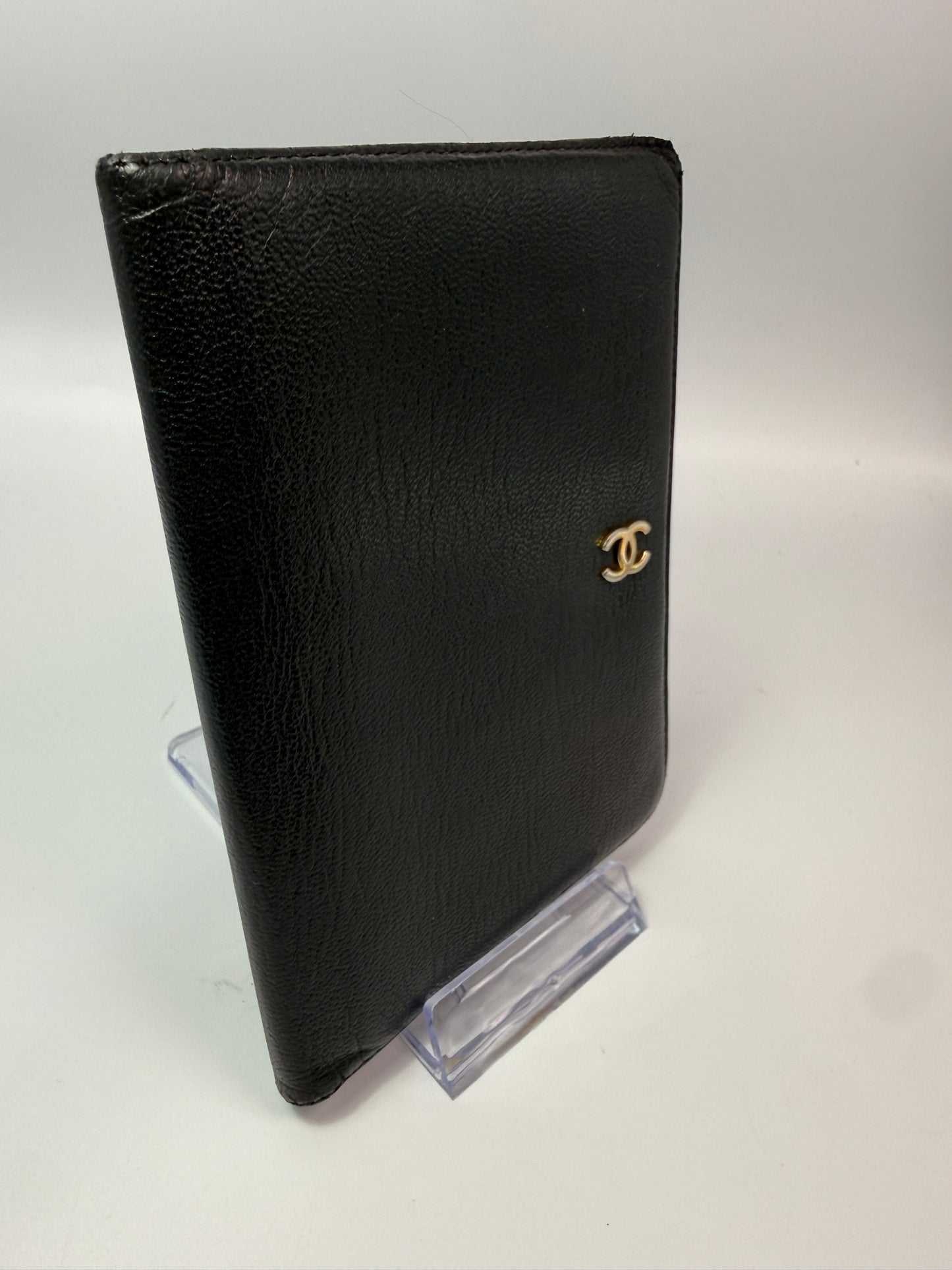 Chanel Black Leather Passport Holder Compact Wallet with Serial Code