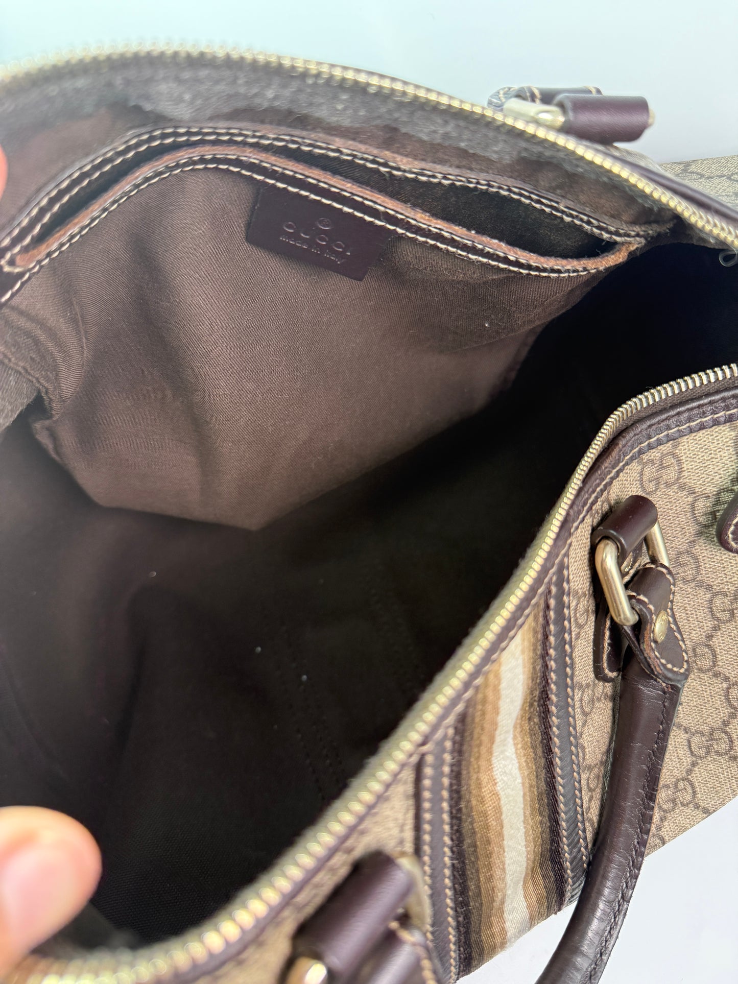 Gucci Supreme Coated Canvas Beige Striped Joy Boston Bag 33 cm