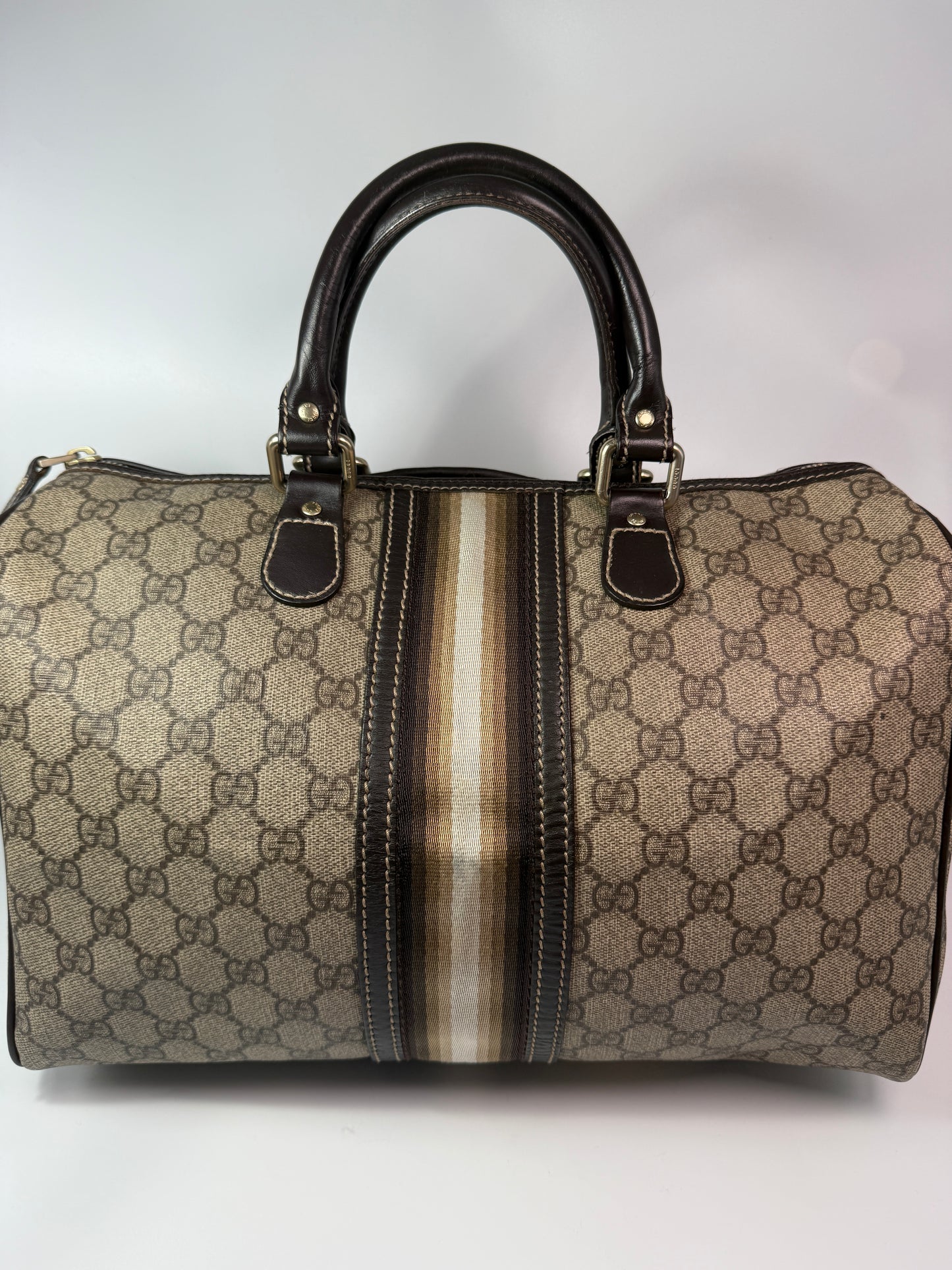 Gucci Supreme Coated Canvas Beige Striped Joy Boston Bag 33 cm