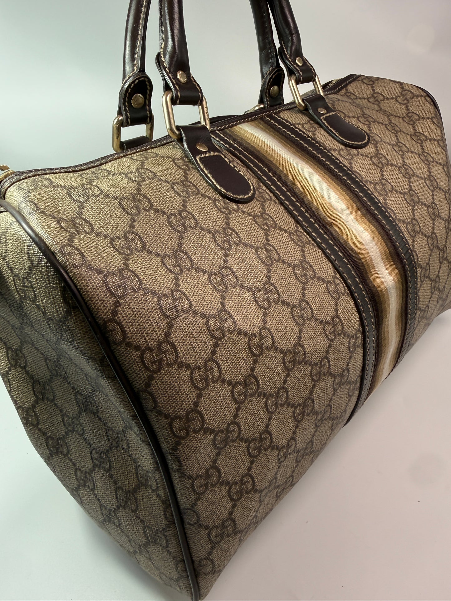 Gucci Supreme Coated Canvas Beige Striped Joy Boston Bag 33 cm