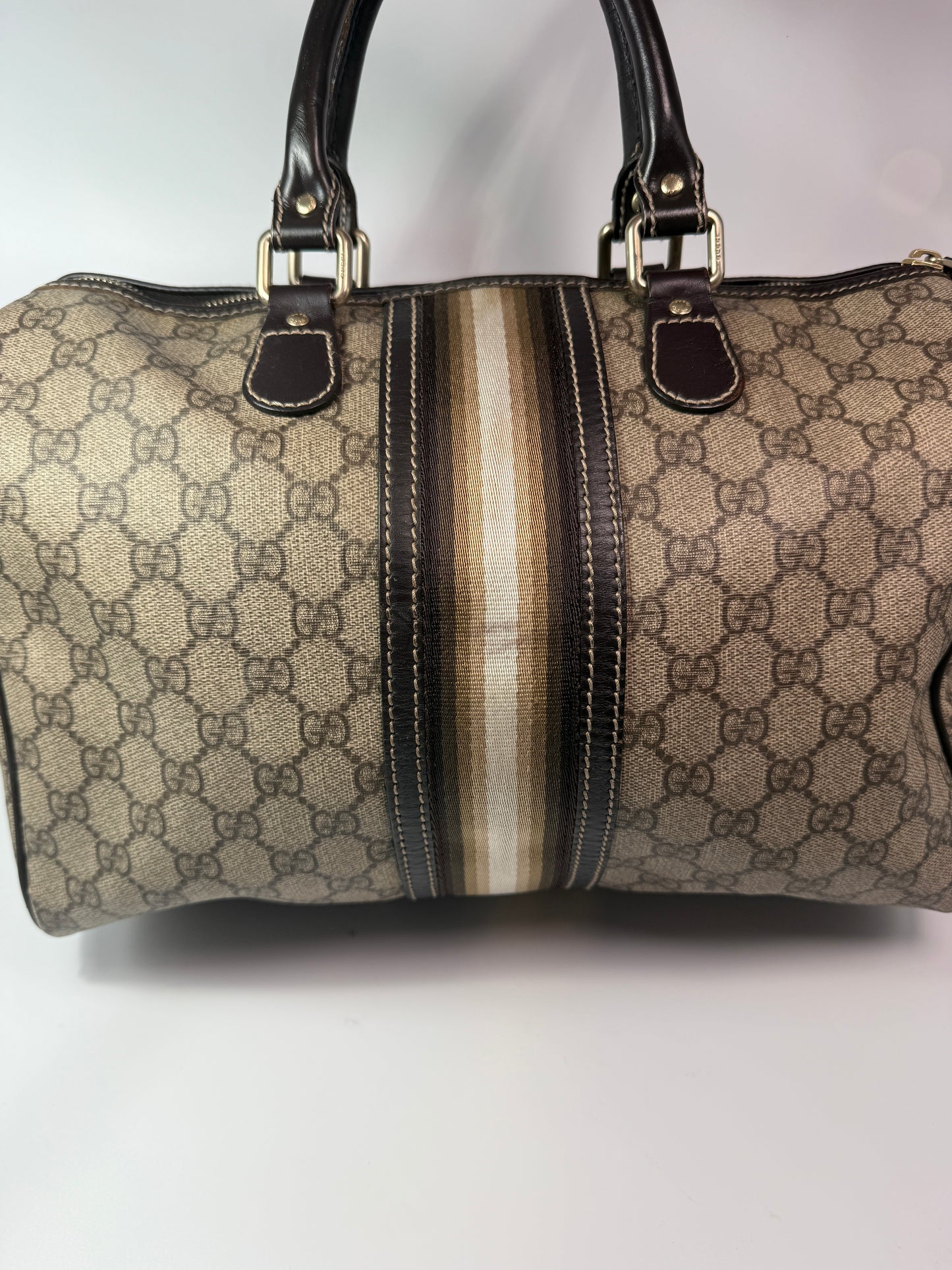 Gucci Supreme Coated Canvas Beige Striped Joy Boston Bag 33 cm