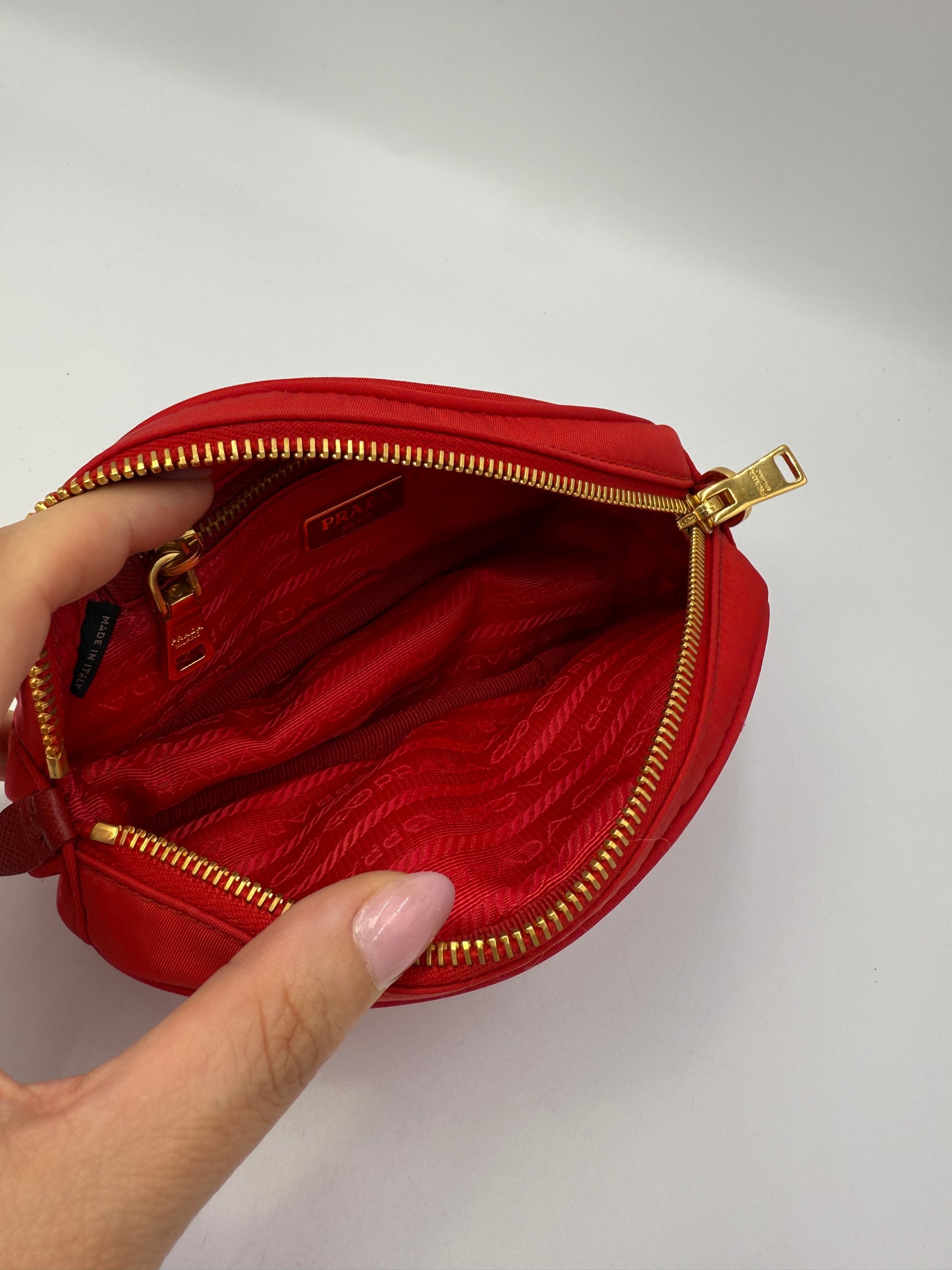 Prada Red Tessuto Nylon Crescent Cosmetics Pouch