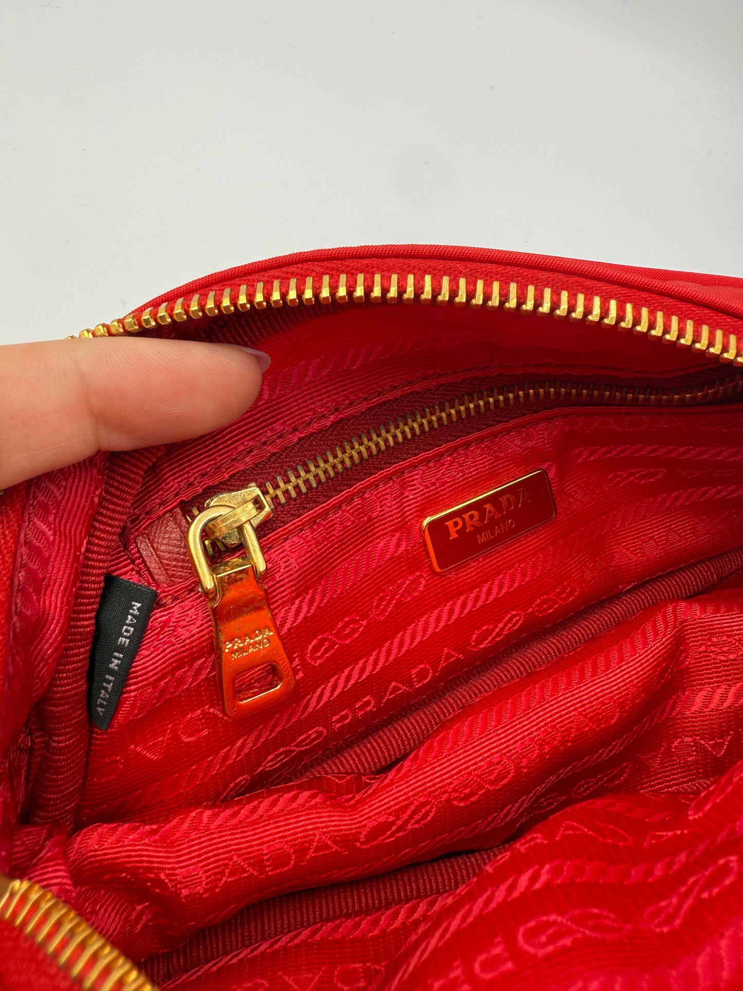 Prada Red Tessuto Nylon Crescent Cosmetics Pouch