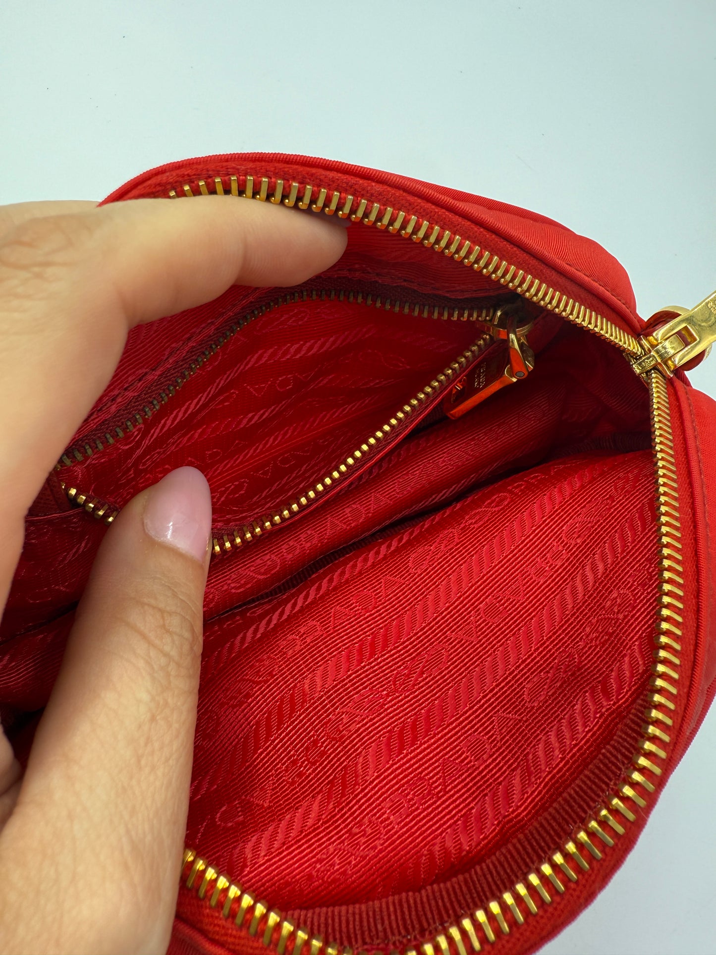 Prada Red Tessuto Nylon Crescent Cosmetics Pouch