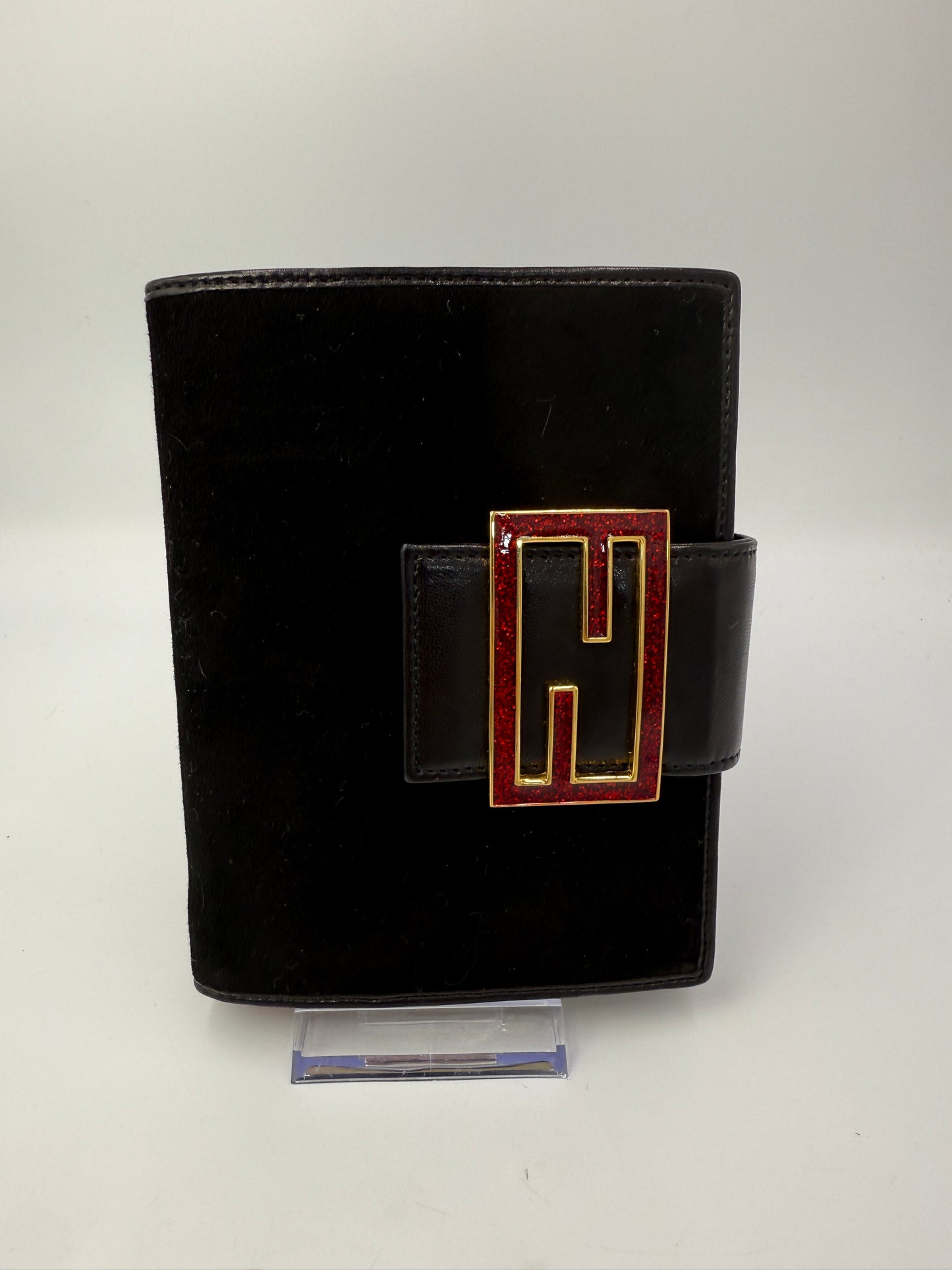 Fendi Black Suede Agenda PM Red Sparkle Baguette Hardware