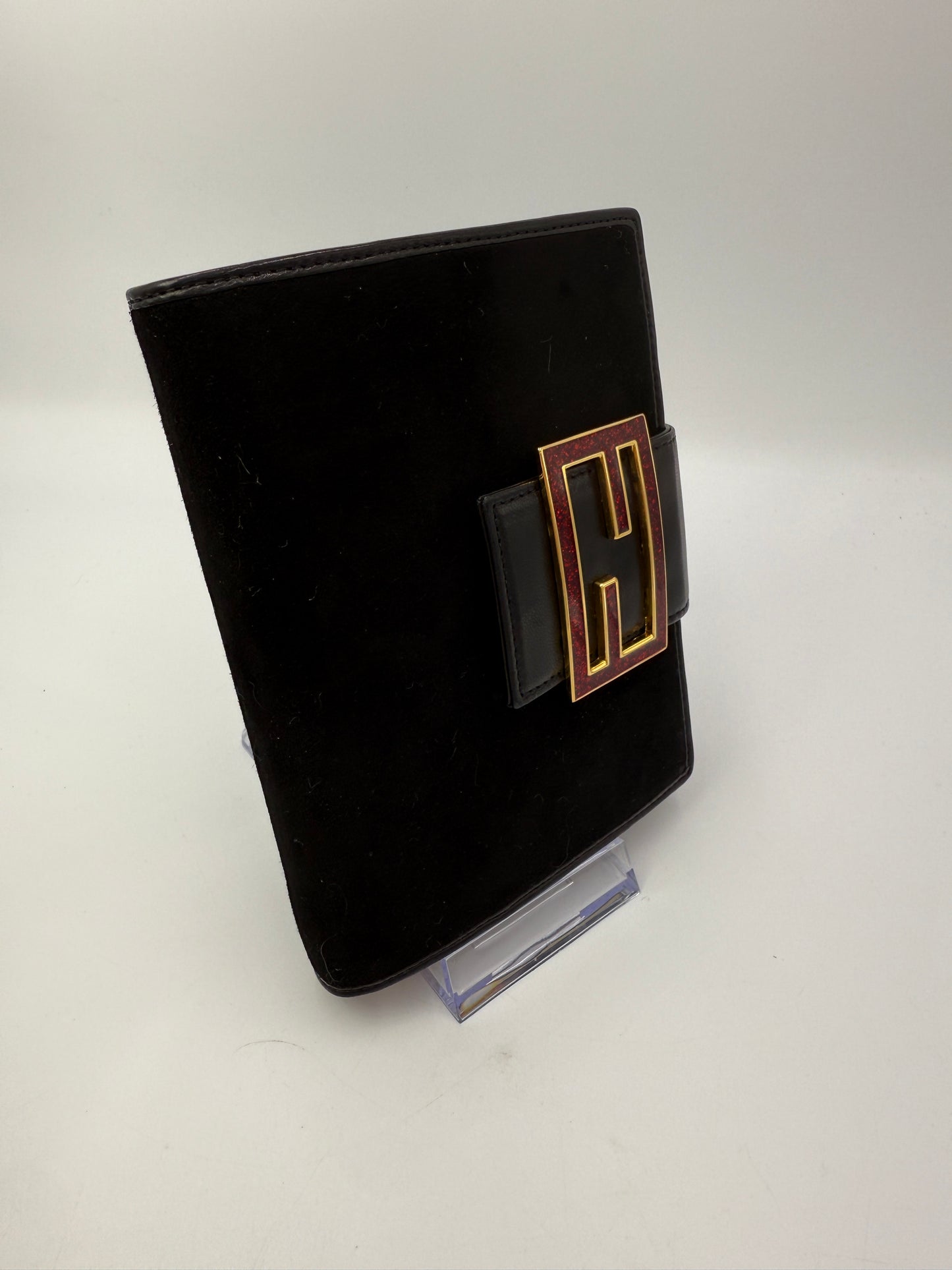 Fendi Black Suede Agenda PM Red Sparkle Baguette Hardware