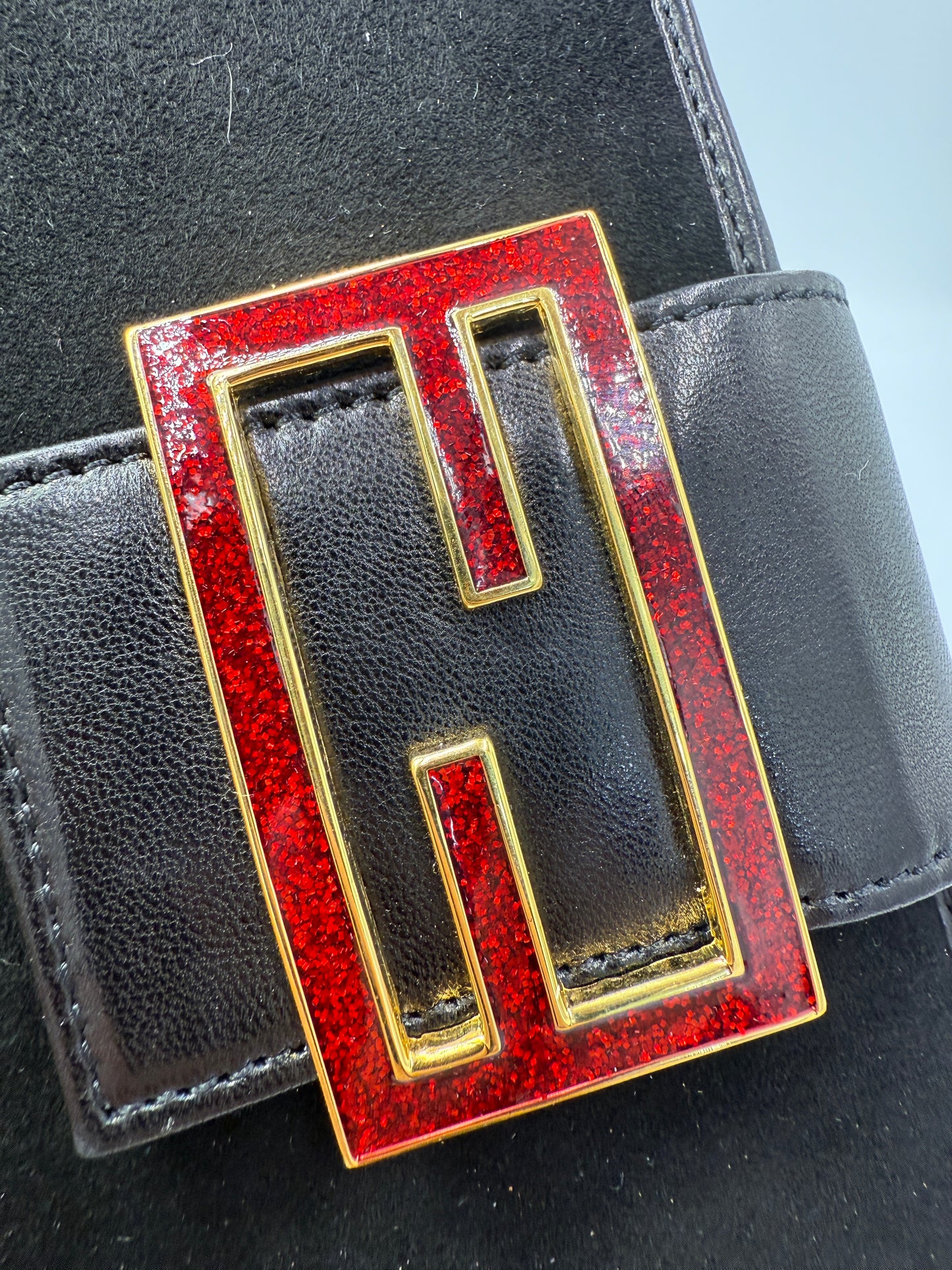 Fendi Black Suede Agenda PM Red Sparkle Baguette Hardware