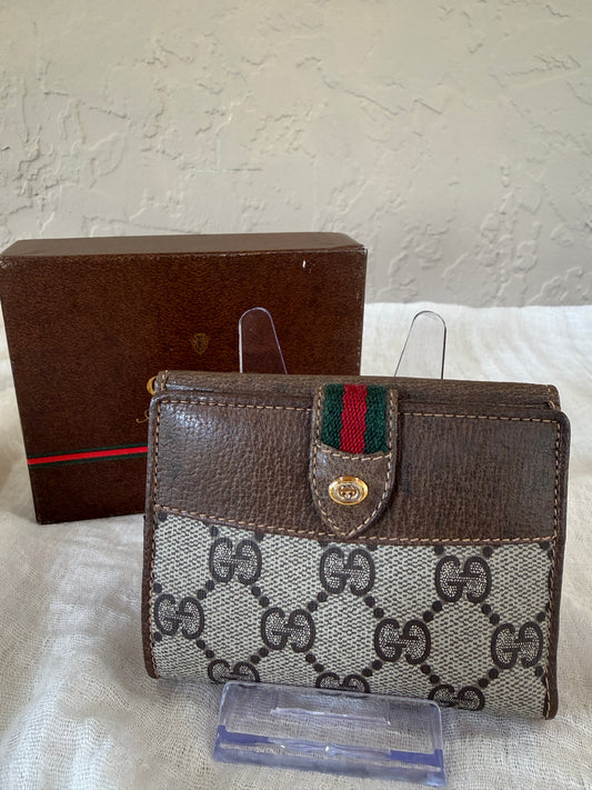 Gucci GG Supreme Ophidia Bi-Fold Wallet with Web Stripe and Snap Closure