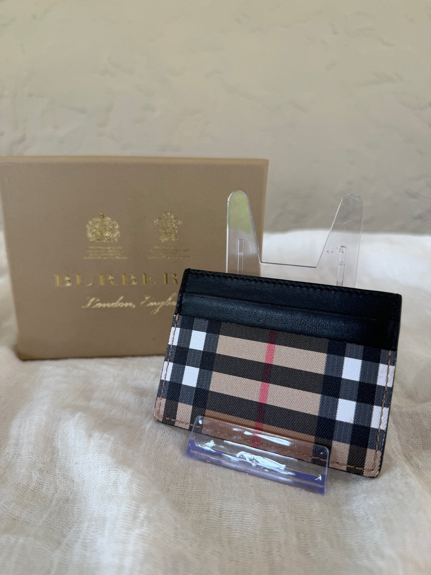 Burberry Vintage Check Card Holder with Black Leather Trim