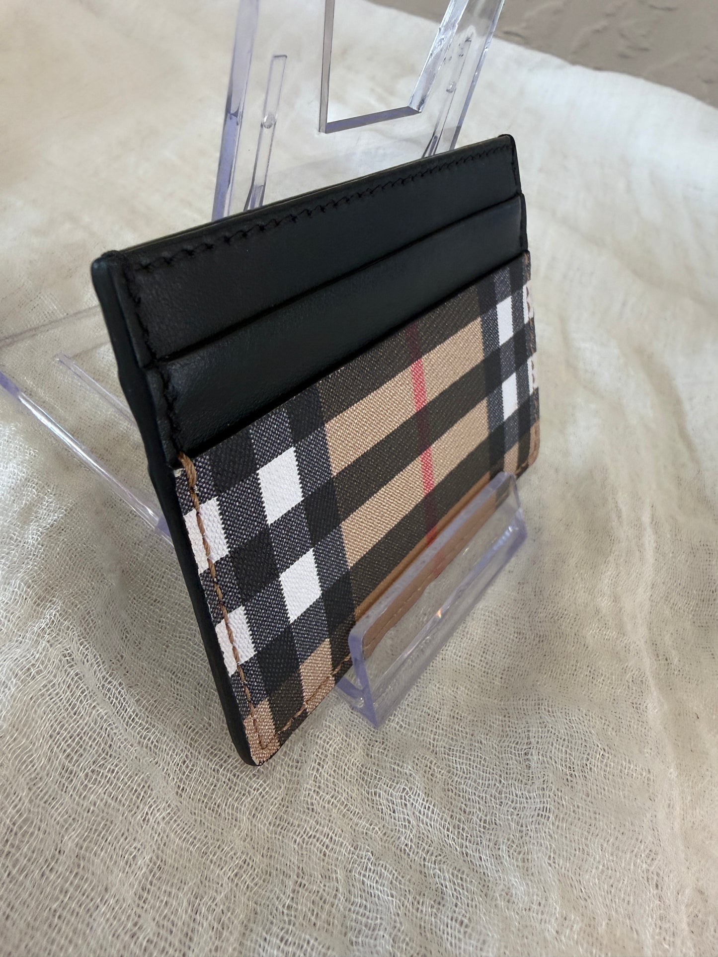 Burberry Vintage Check Card Holder with Black Leather Trim