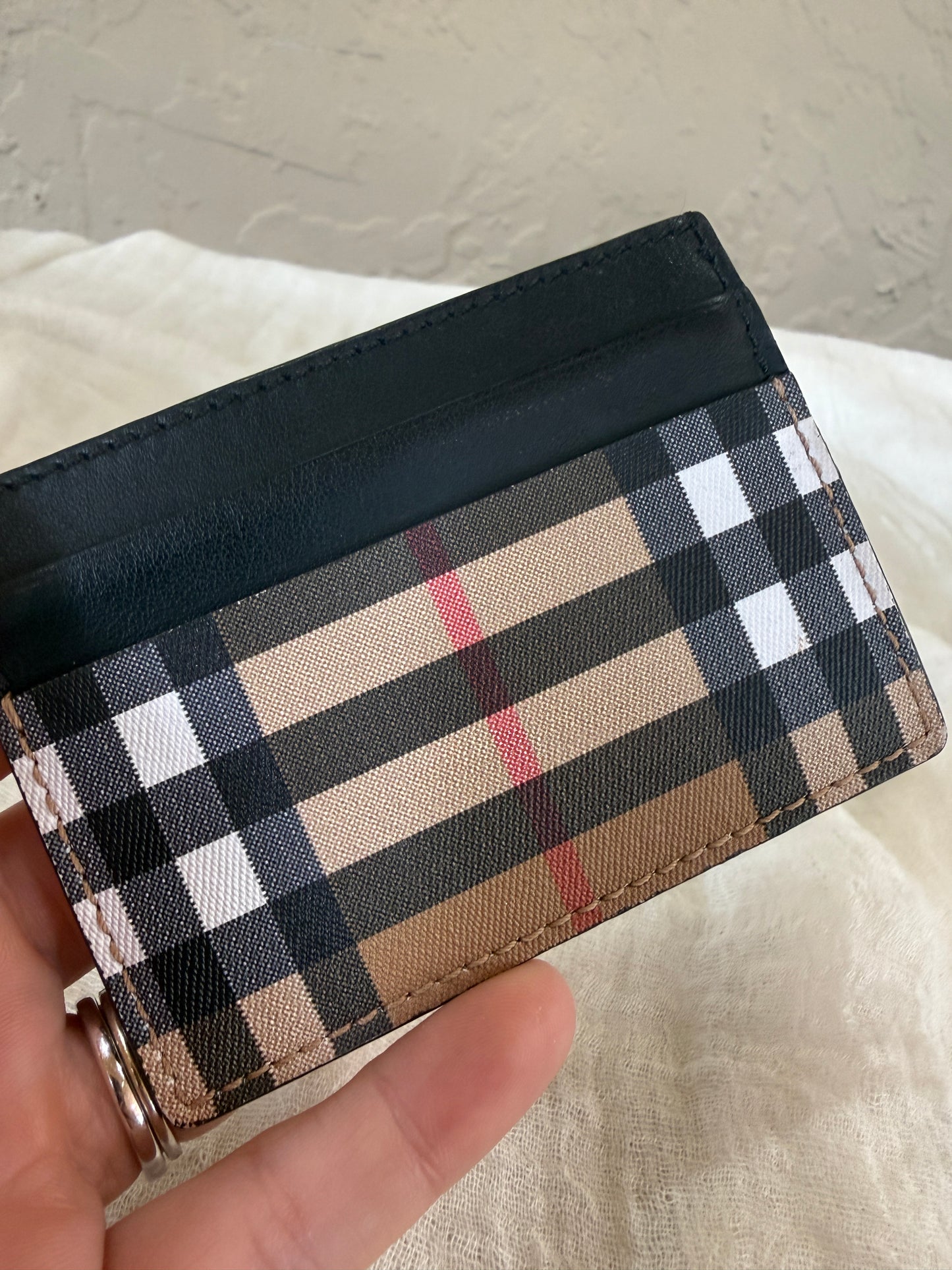 Burberry Vintage Check Card Holder with Black Leather Trim