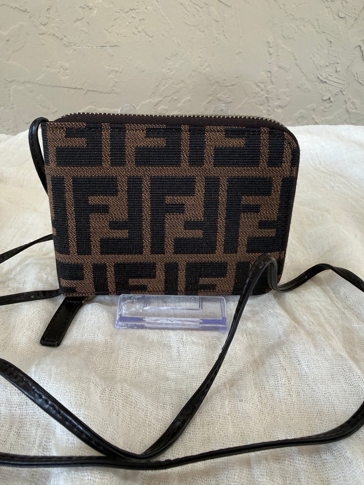 Fendi Zucca Canvas Brown and Black Zippered Wallet with Leather Strap