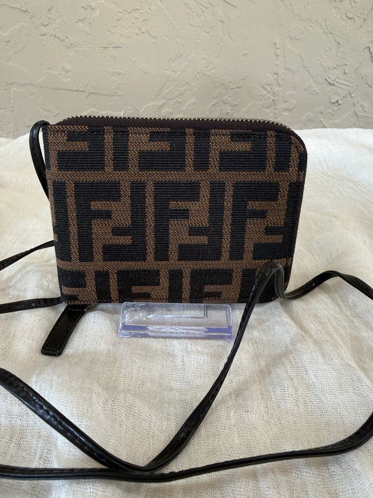 Fendi Zucca Canvas Brown and Black Zippered Wallet with Leather Strap