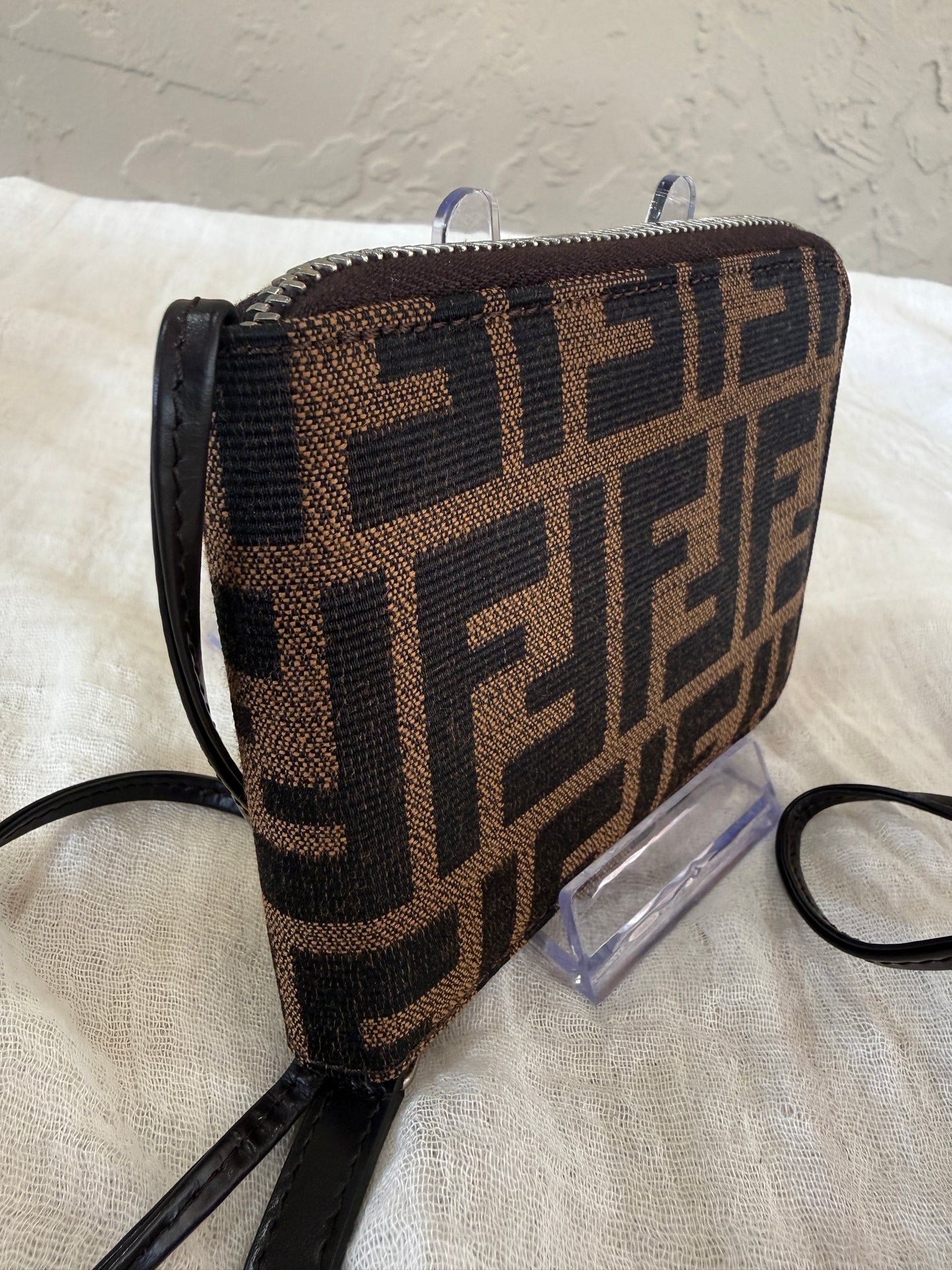 Fendi Zucca Canvas Brown and Black Zippered Wallet with Leather Strap