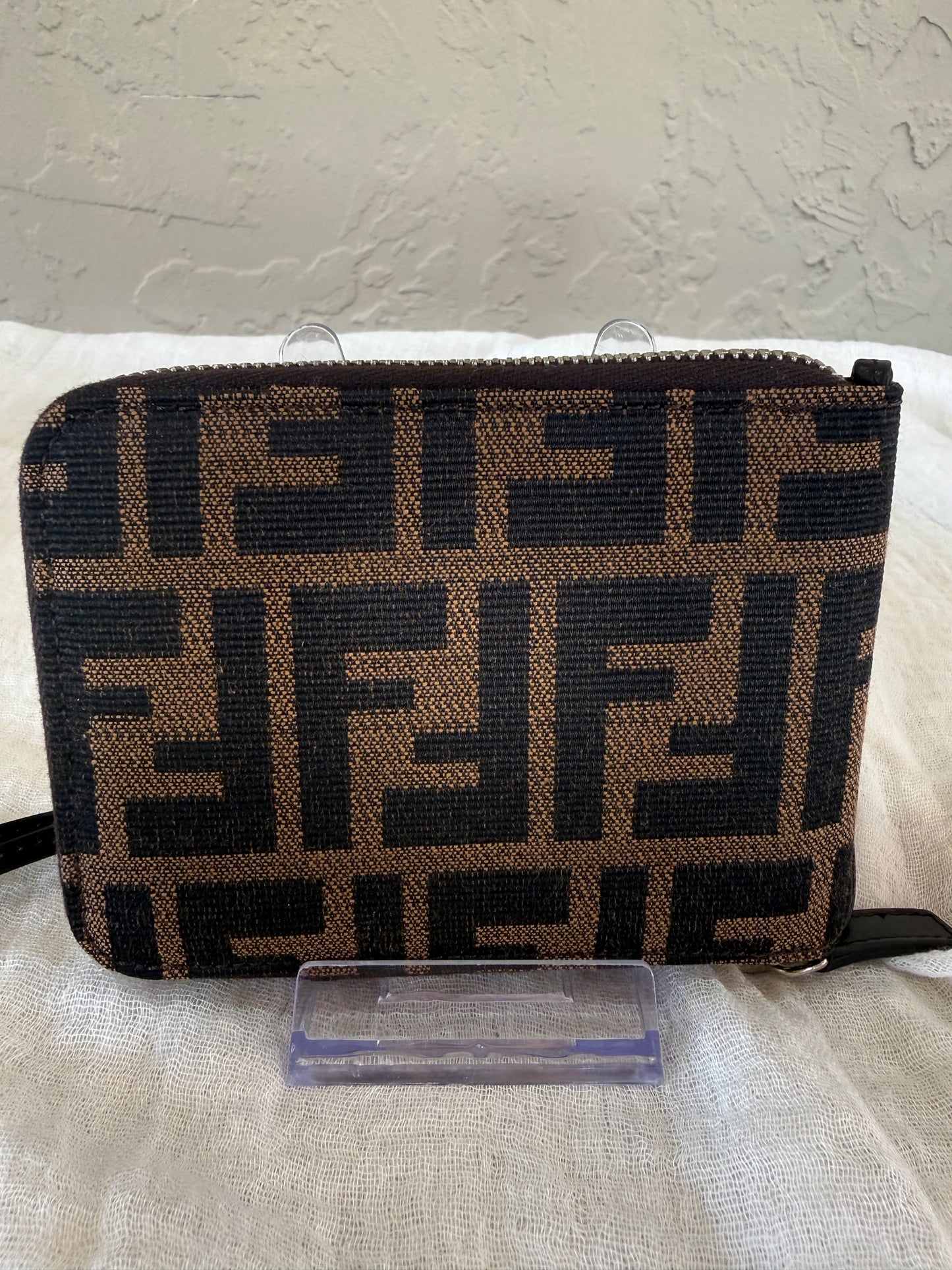 Fendi Zucca Canvas Brown and Black Zippered Wallet with Leather Strap