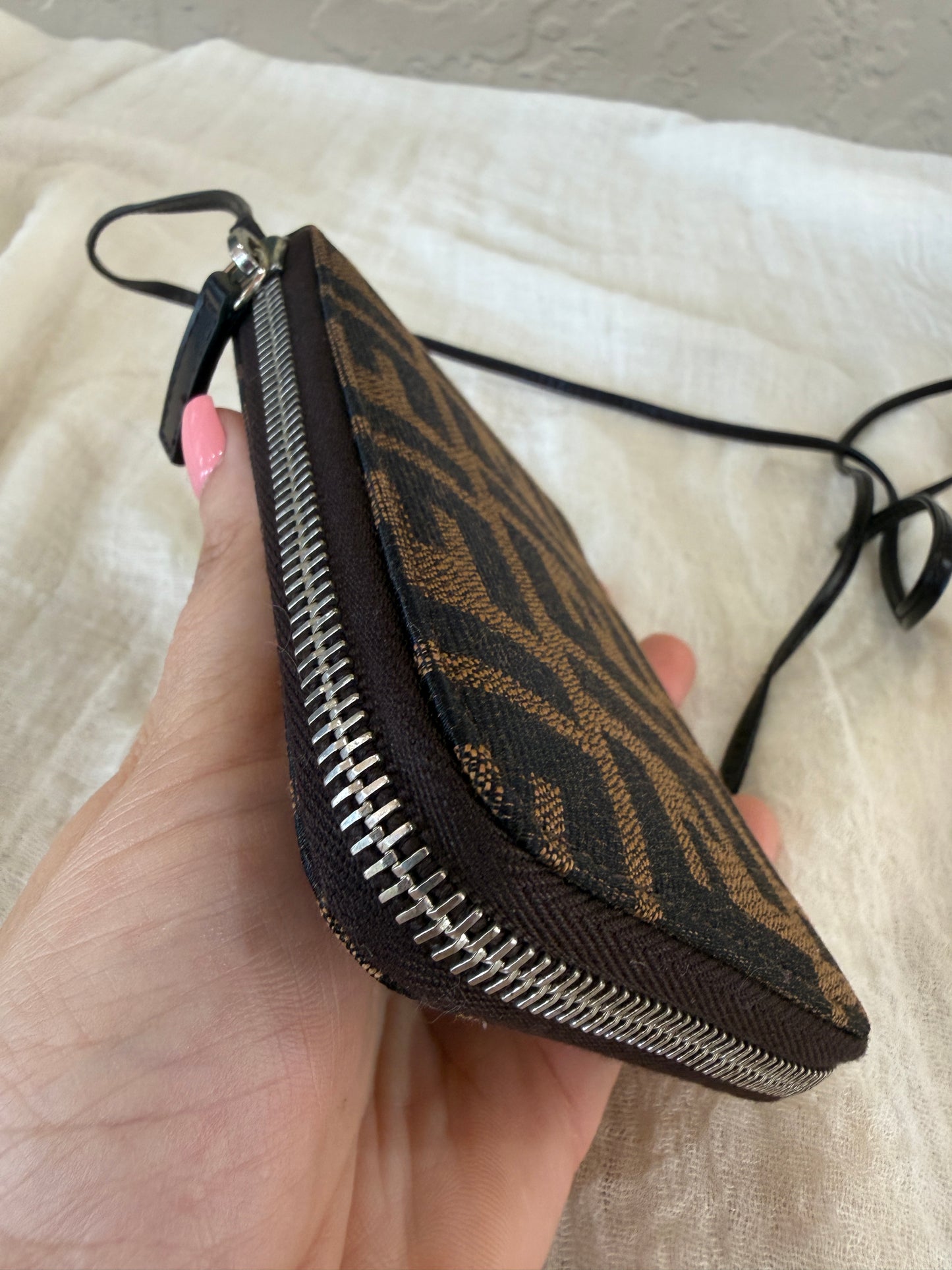 Fendi Zucca Canvas Brown and Black Zippered Wallet with Leather Strap