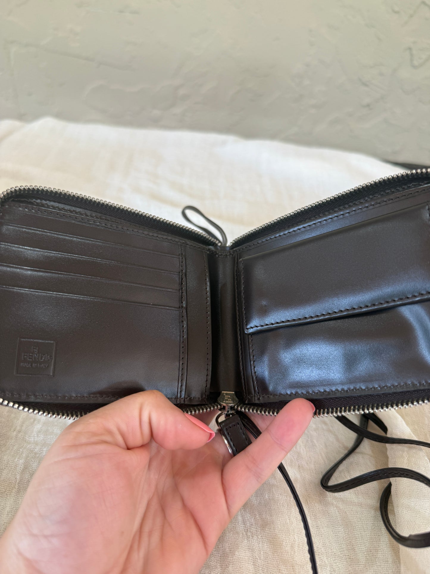 Fendi Zucca Canvas Brown and Black Zippered Wallet with Leather Strap