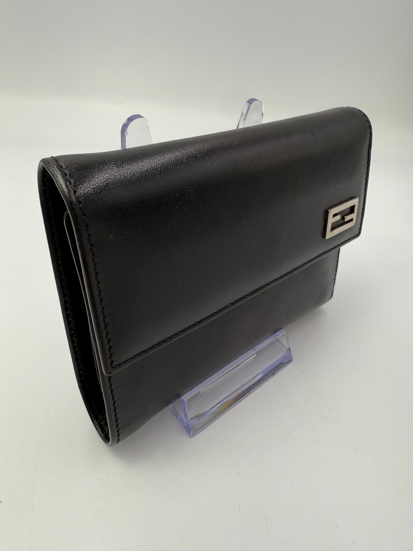 Fendi Black Leather Compact Trifold Wallet with Box