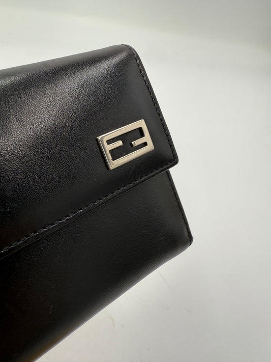 Fendi Black Leather Compact Trifold Wallet with Box